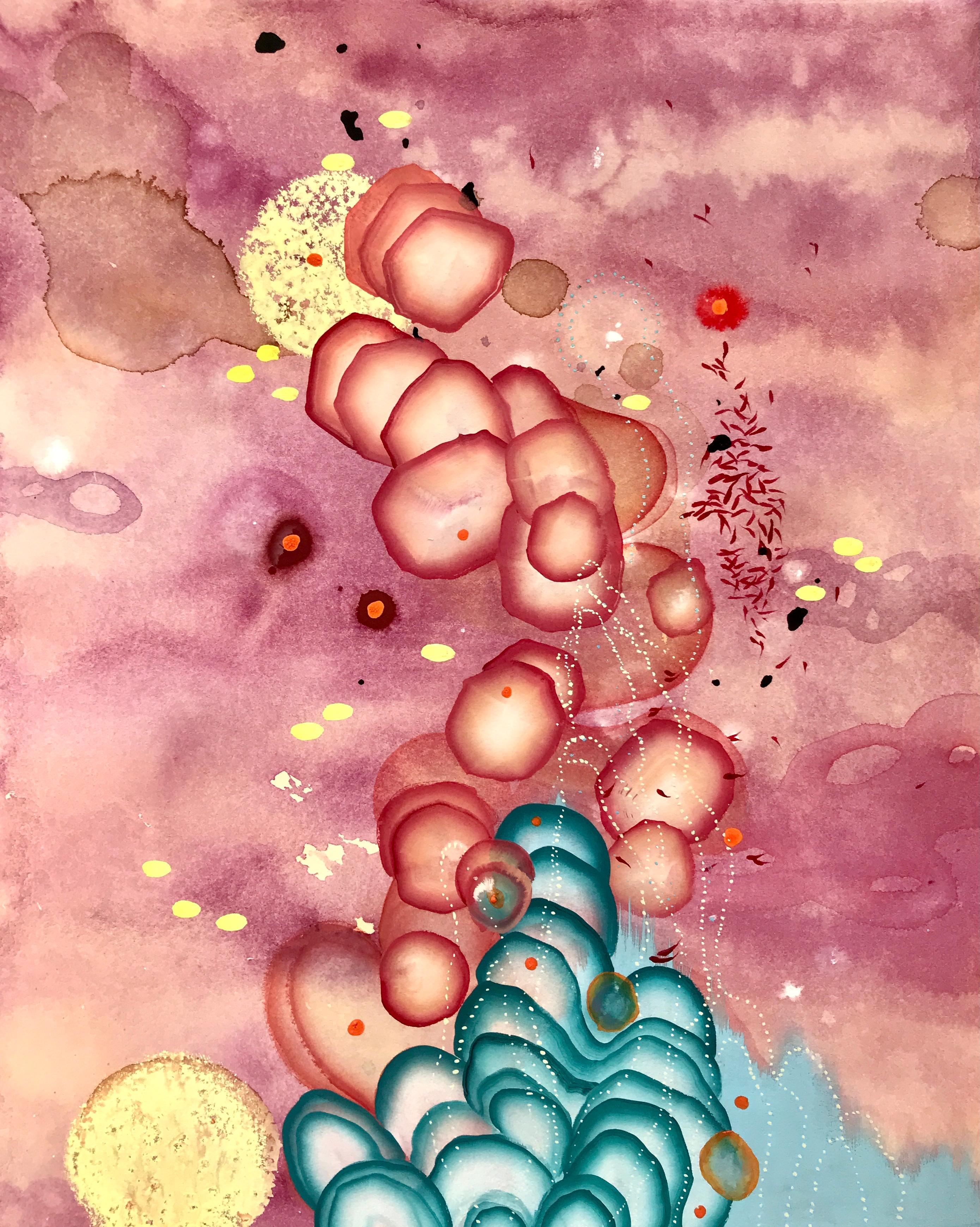 Nucleation Study is a contemporary abstract painting made with watercolor and gouache on paper, and was painted by emerging artist from Houston, Texas, Grayson Chandler. Painted in 2021, this artwork measures 16 x 13.5 inches. Highly abstract with