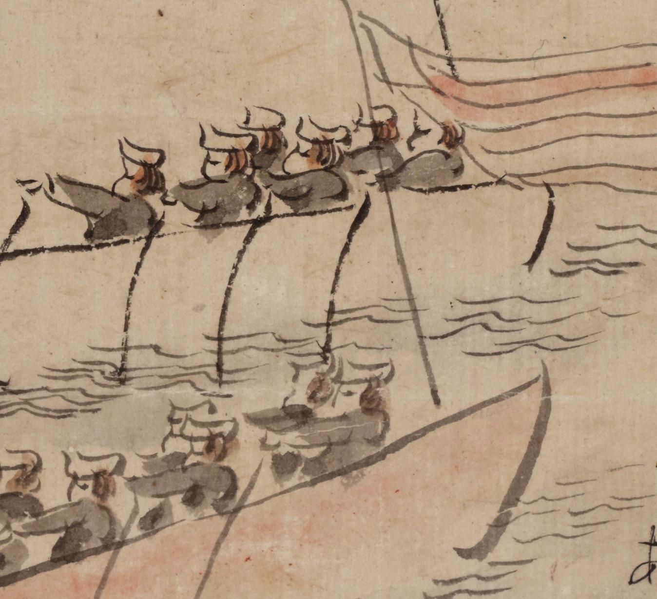 Attribué à Ukita Ikkei (1795-1859)

Peinture à rouleau suspendue représentant le navire américain commandé par le commodore Matthew Perry dans la baie d'Uraga, annotée : 1854 Premier mois du printemps 8 xx (février) Kan-no Hachiro a vu ce grand