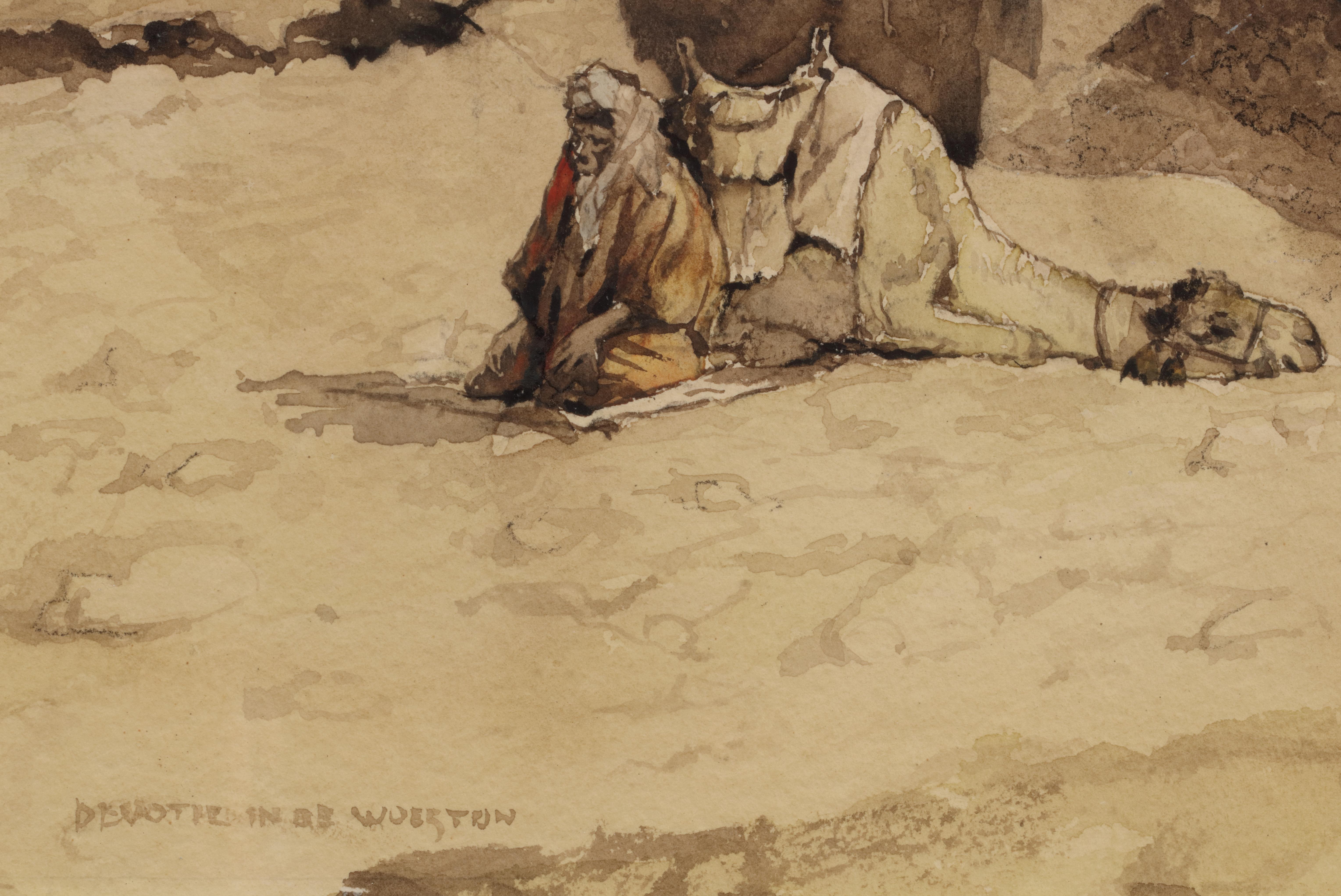 Devotion dans le dessert près des pyramides de Gizeh, vers 1919 - Impressionnisme Art par Marius Bauer