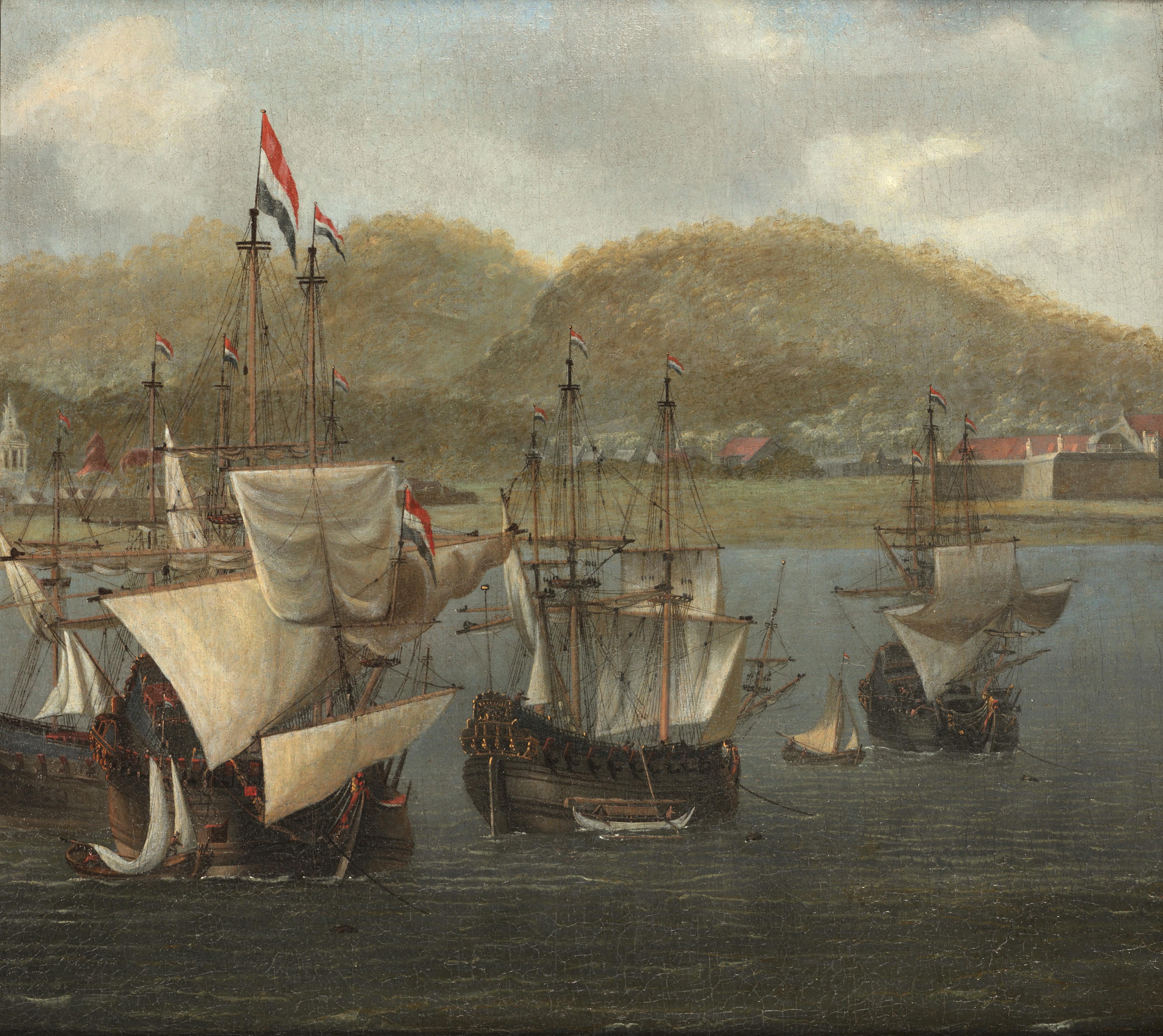 Reinier Nooms Zeeman Landscape Painting - Four VOC three-masters at anchor in front of a fortress