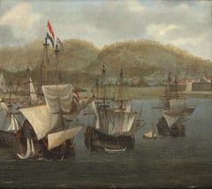Four VOC three-masters at anchor in front of a fortress