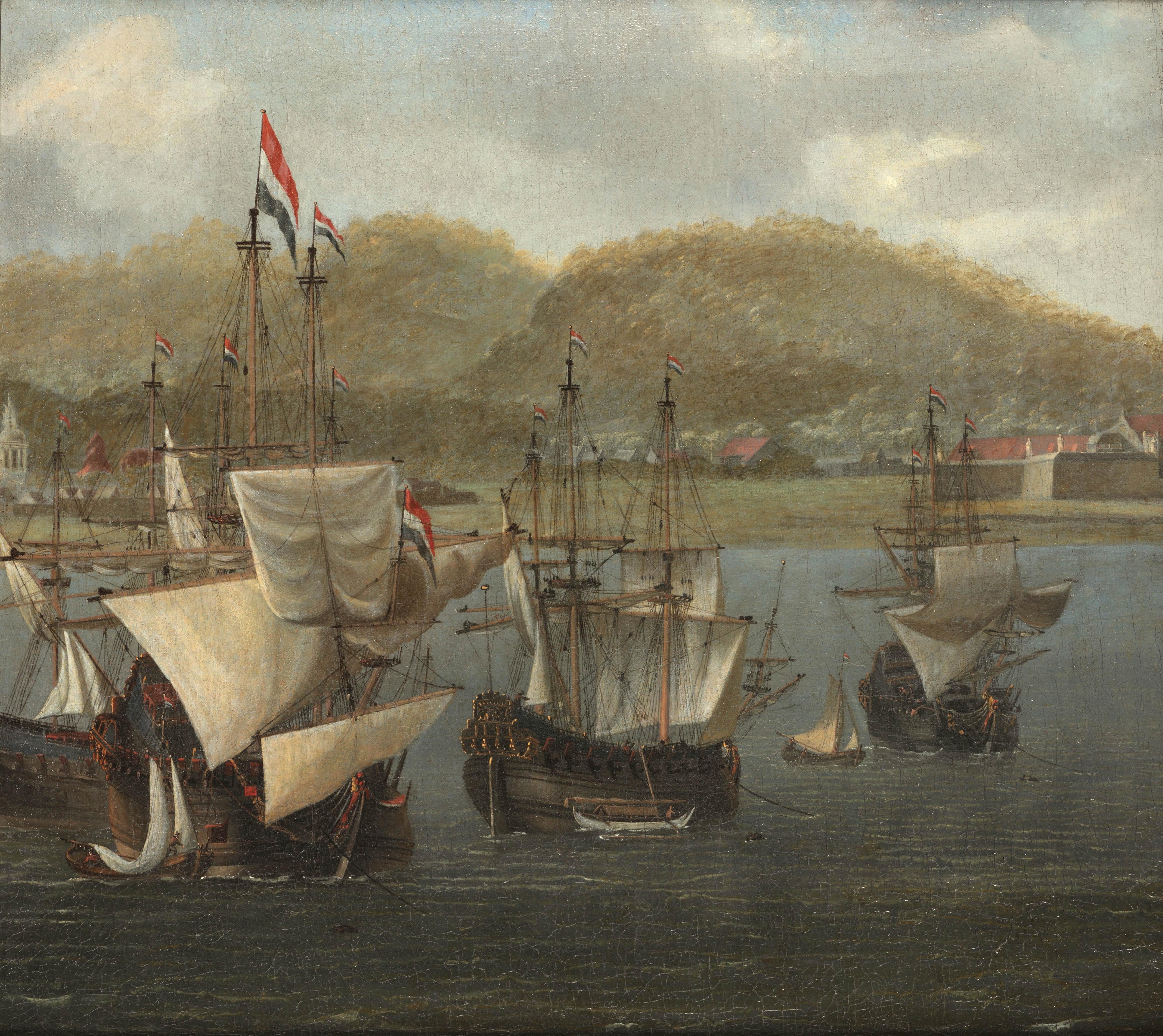 Four VOC three-masters at anchor in front of a fortress - Painting by Reinier Nooms Zeeman
