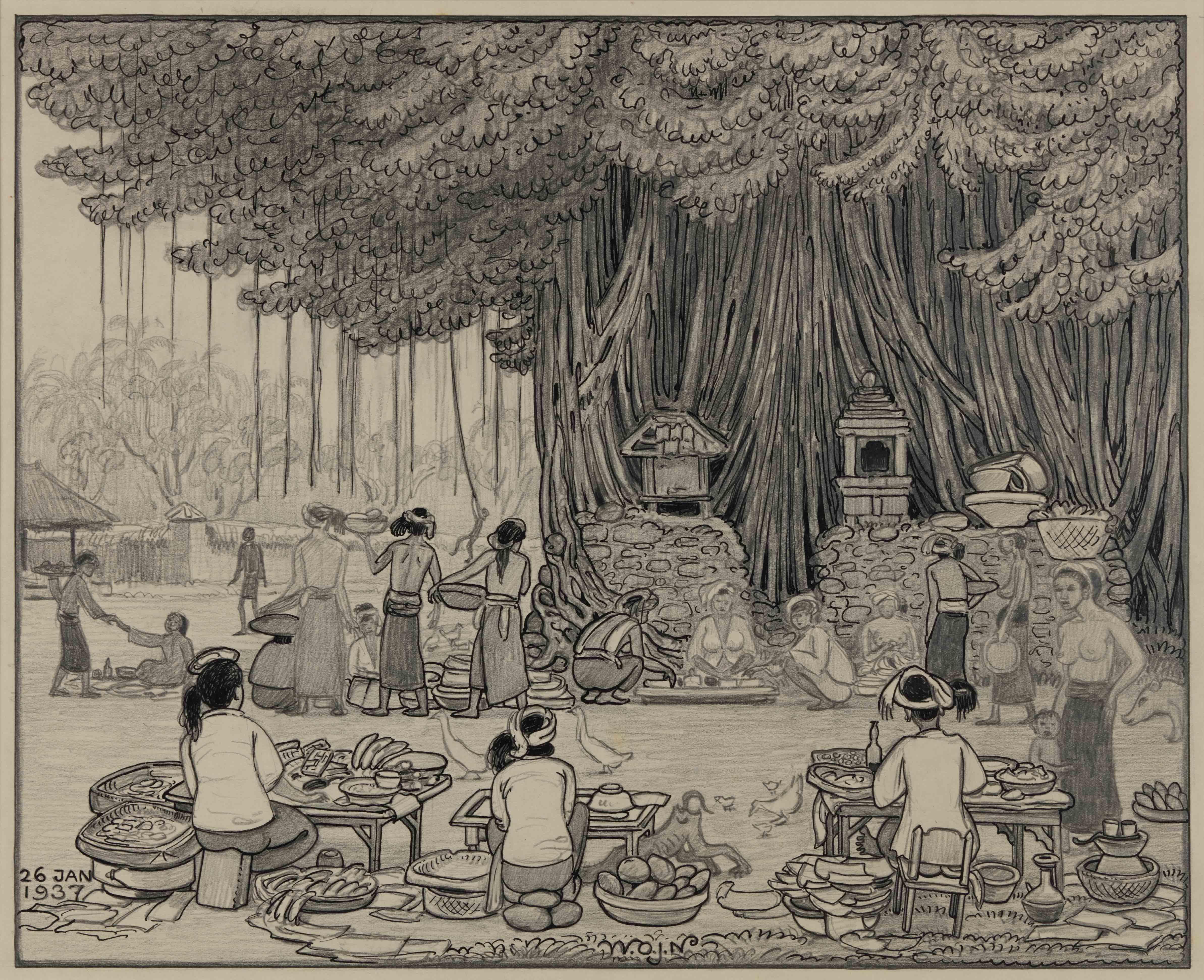 W.O.J. Nieuwenkamp Figurative Art - Market under the Banyan, Bali, 1937