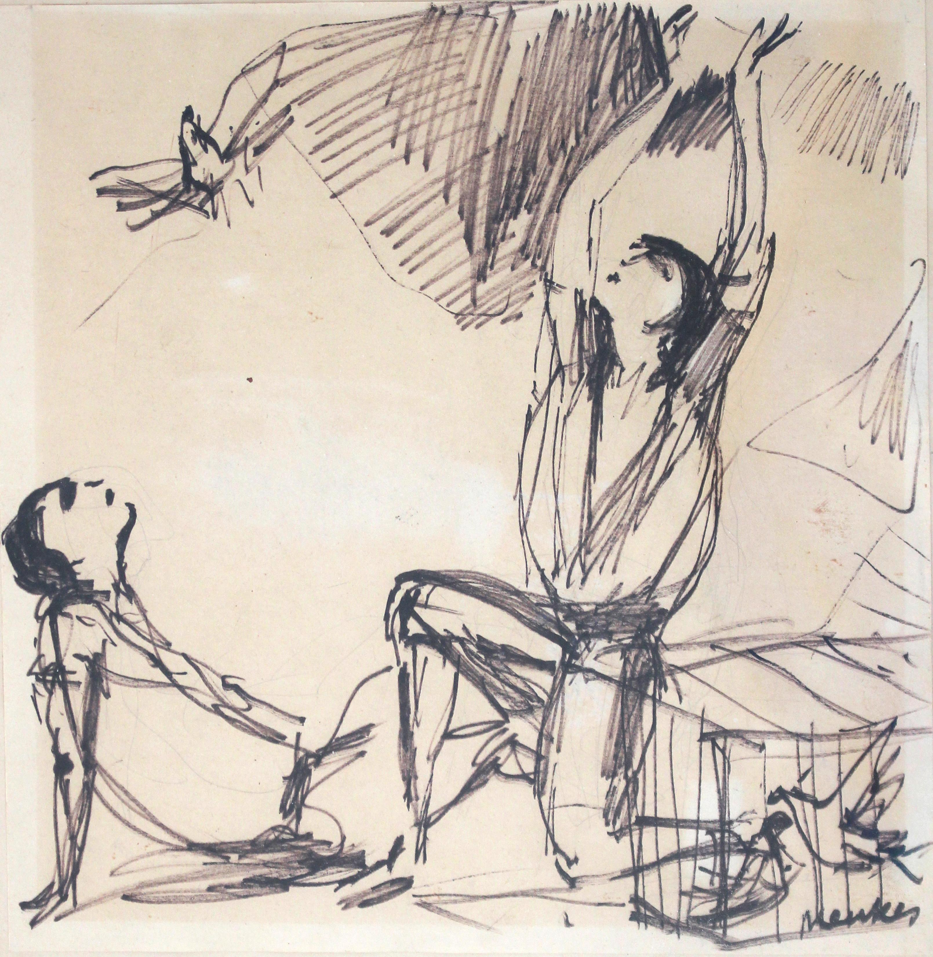 Sigmund Menkes Portrait - Zygmunt Menkes, Dancers, ink on paper 23 x 22.5 cm