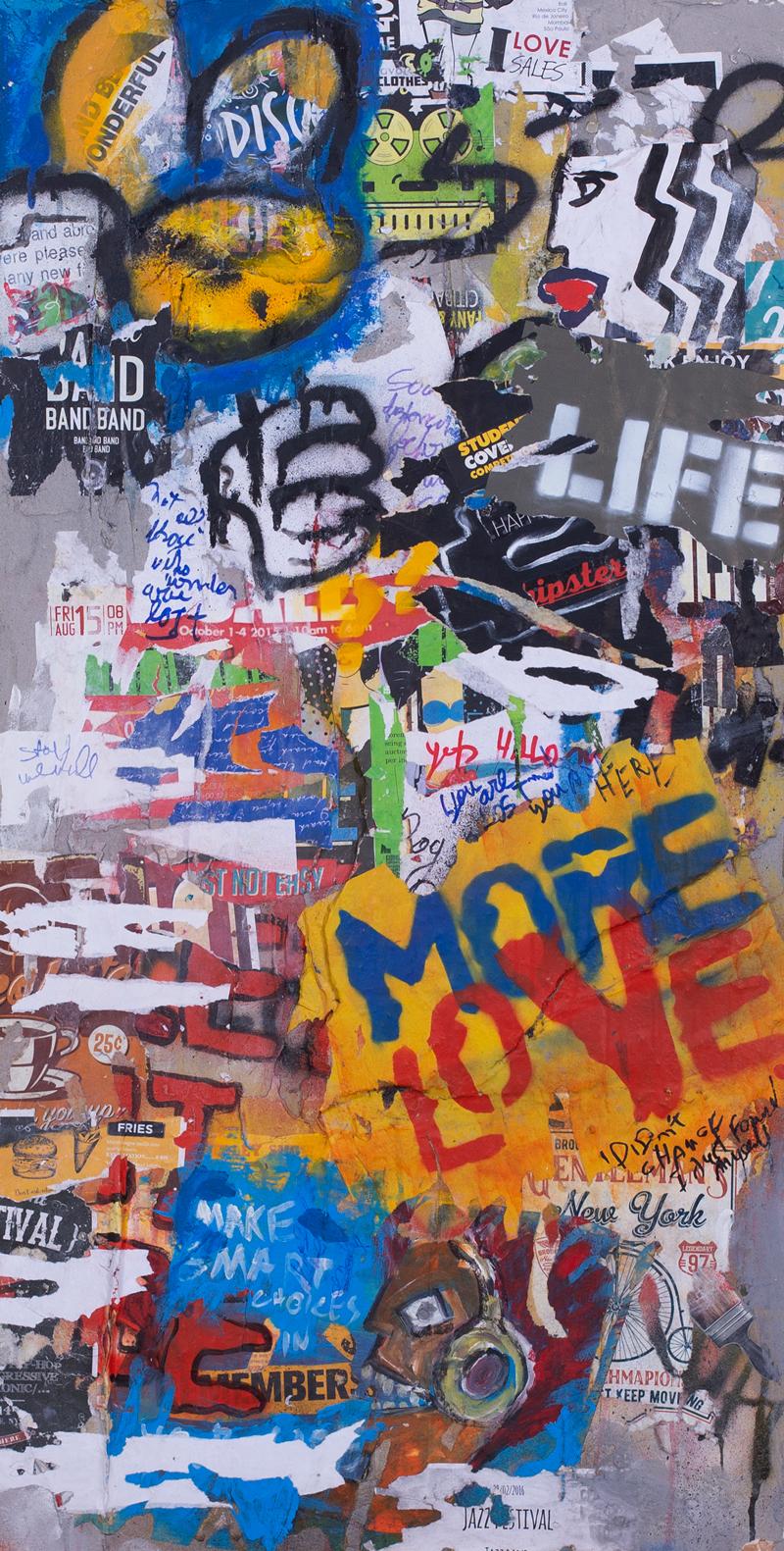 Shlomo Hauser, "More Love", acrylic, spray paint, collage on concrete and wood