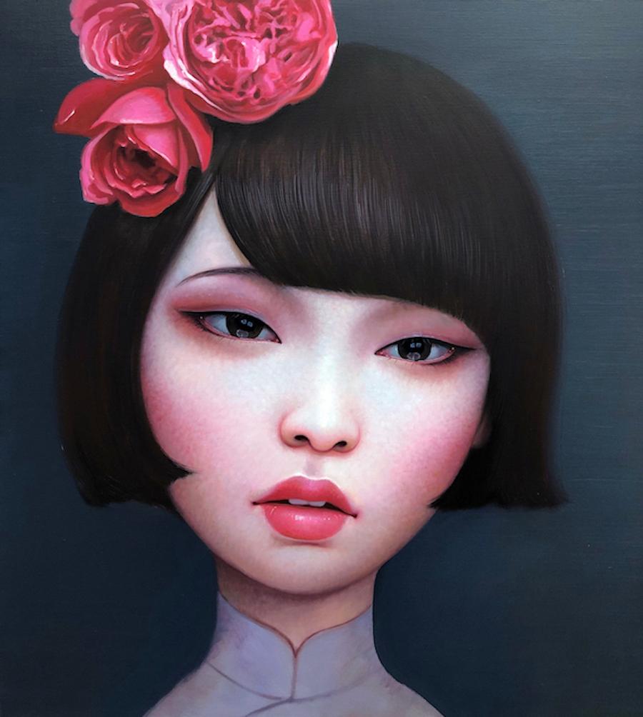 Zhang Xiangming Portrait Painting - Beijing Girl - Red Flower - Chinese Portrait