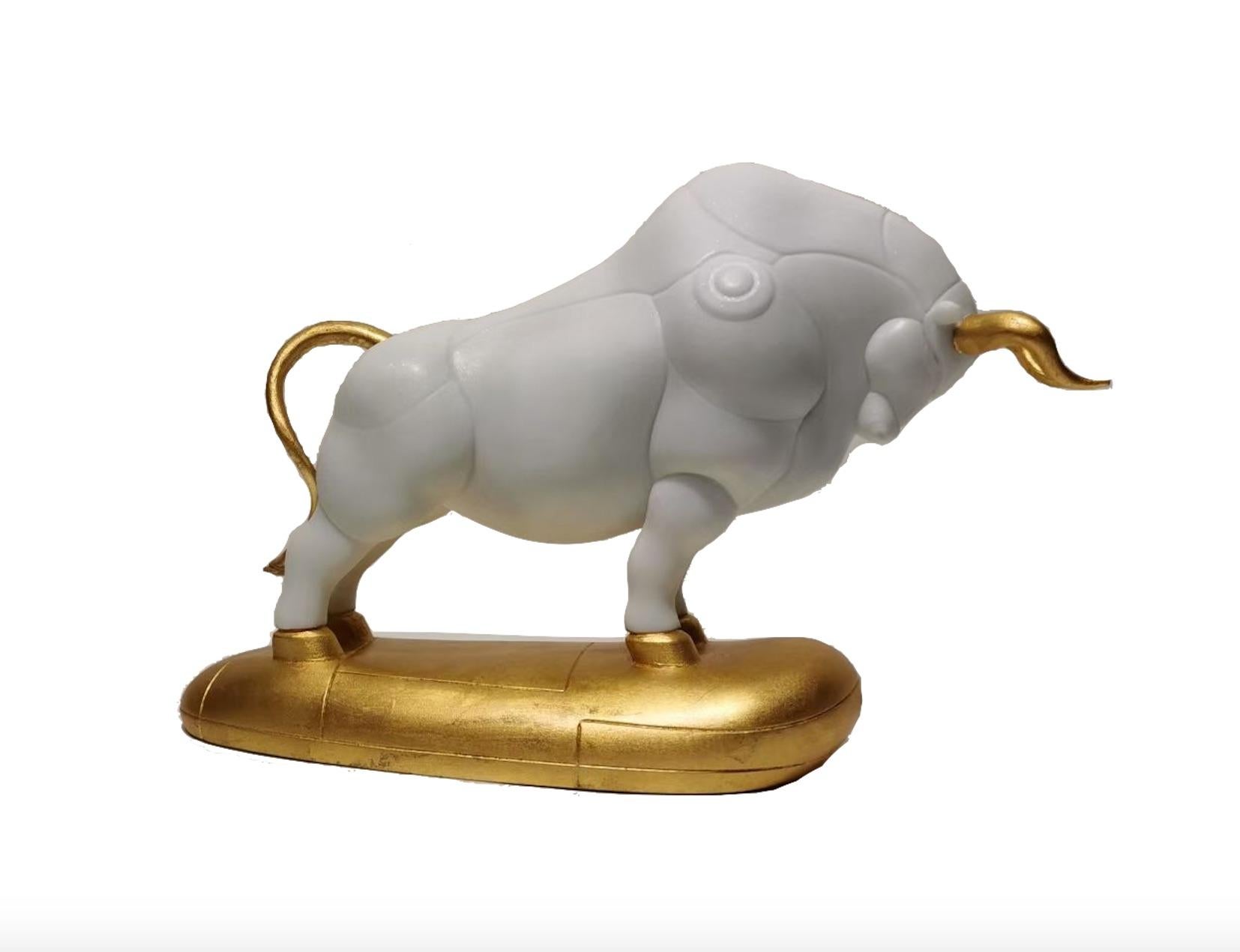 Hu Ke Still-Life Sculpture - The White Marble & Gold Color Bull - Year of OX Prosperity 