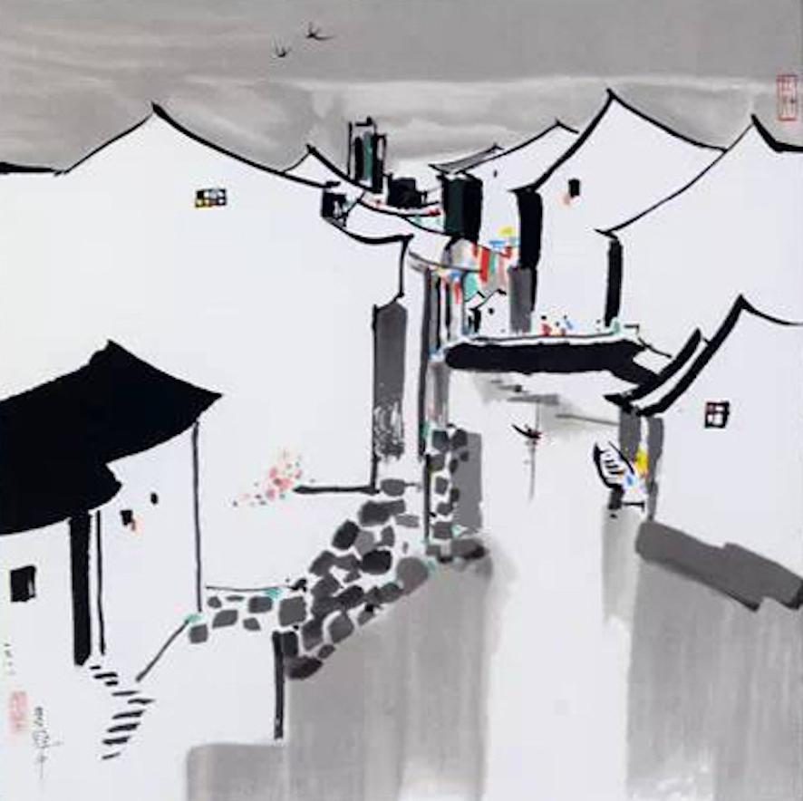 Wu Guanzhong Landscape Print - The Bridge and Houses