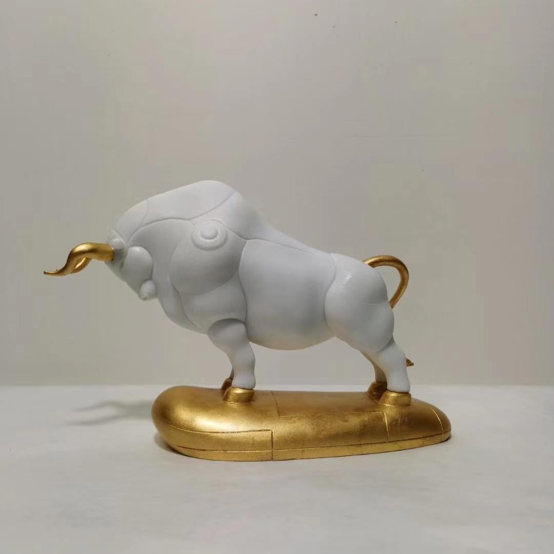 The White Marble & Gold Color Bull - Year of OX Prosperity  - Sculpture by Hu Ke