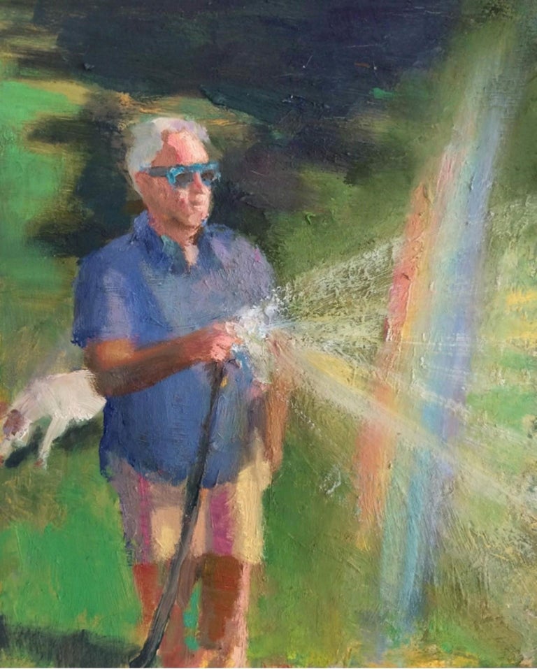 Grant Drumheller Portrait Painting - Backyard Rainbow- Portrait in Nature Painting, Oil on Linen in Frame 