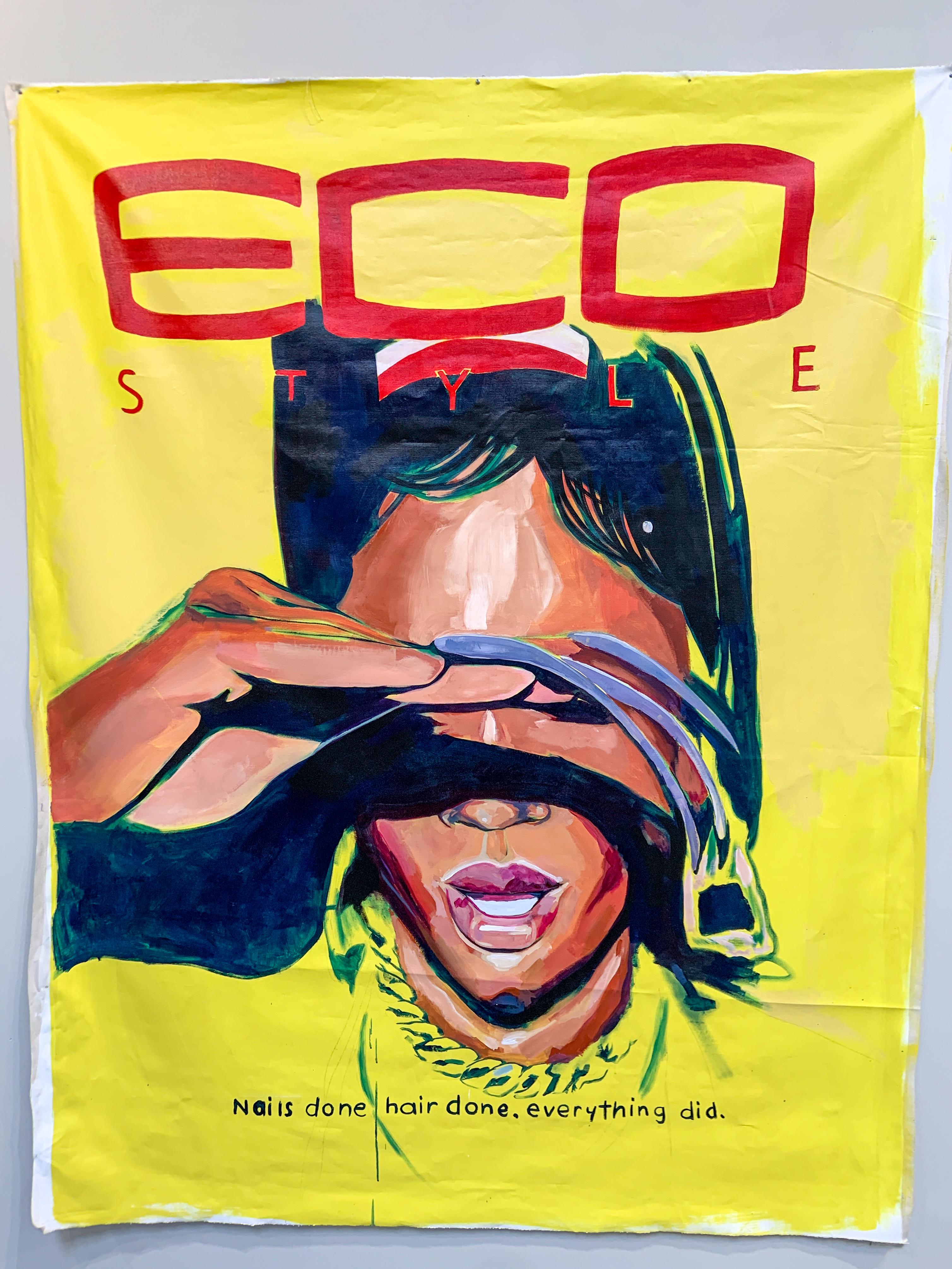 D. Wesley Portrait Painting - Eco Style- Yellow Pop Art Portrait, Acrylic & Oil on Unstretched Canvas 