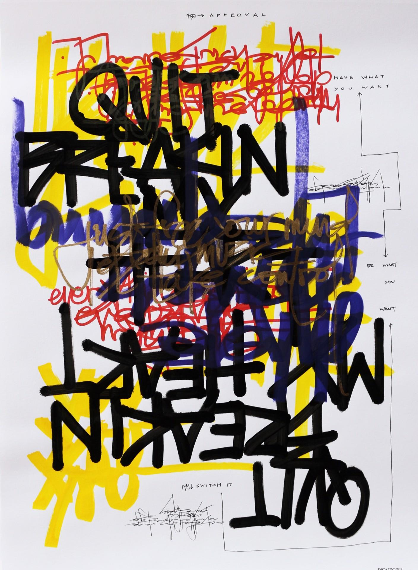 Carla Aaron Lopez Abstract Drawing - Mint Condition- Primary Colors Graphic Text, Marker, Pen & Pencil on Paper