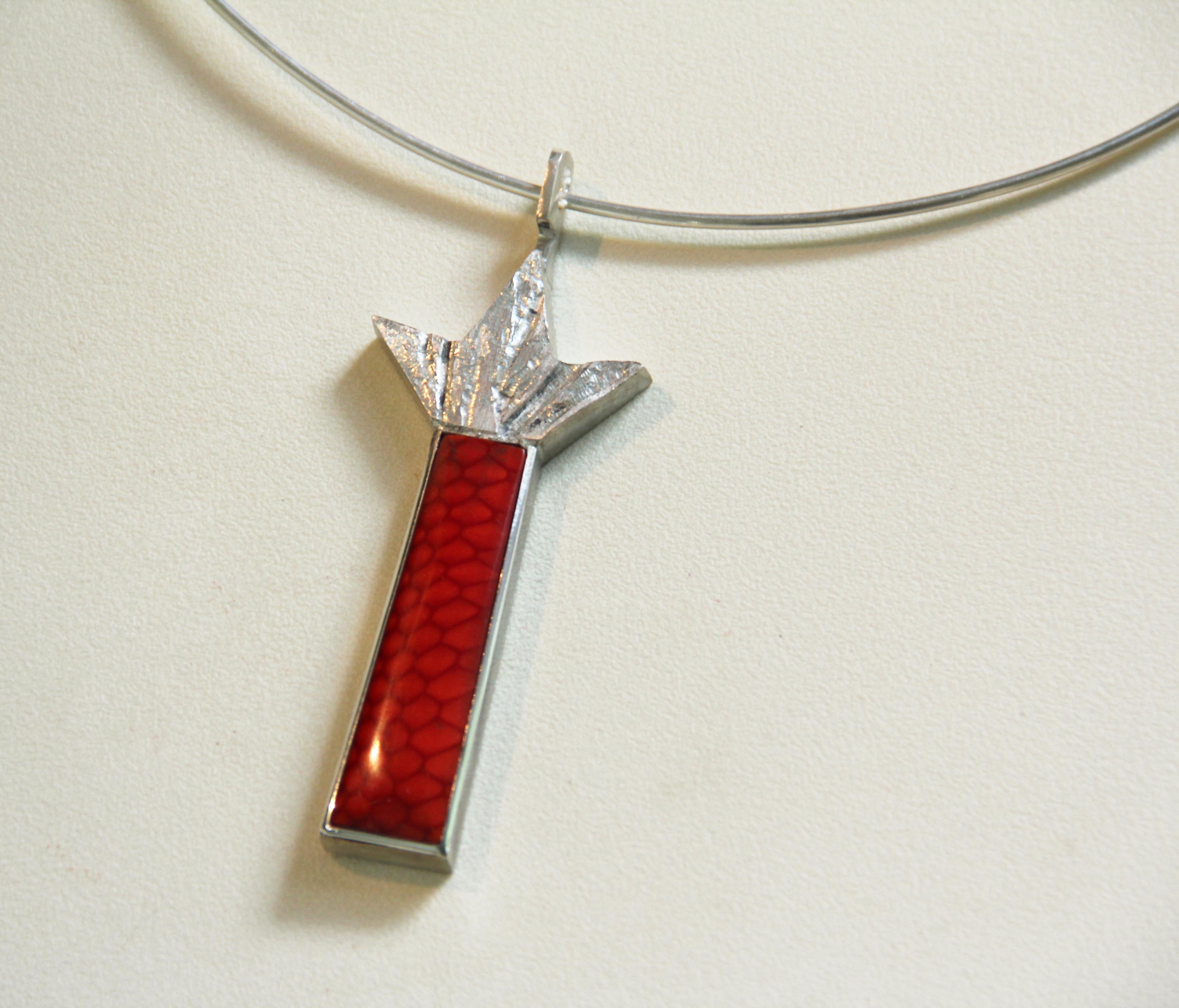 "Firework, " Geometric C-stretch pendant in sterling, enamel red pendant necklace - Art by Alfred D Ward