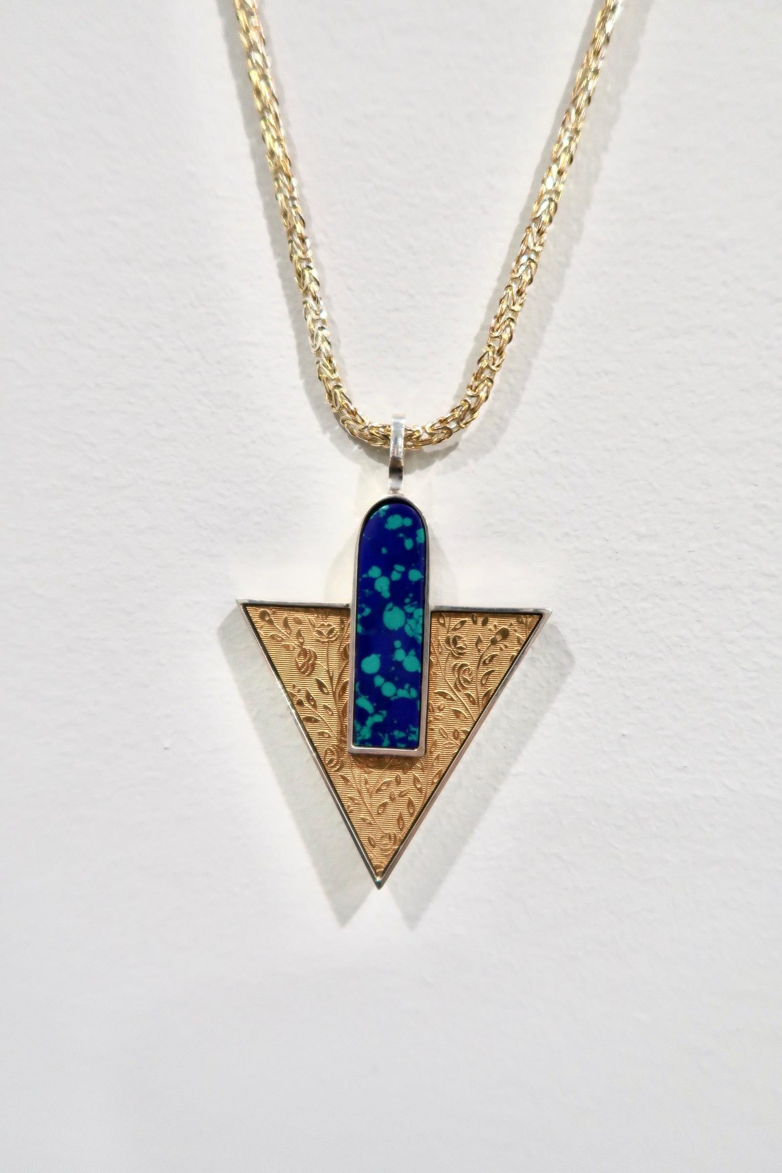 "Secret Garden, " pendant necklace in sterling with 24ct gold azurite-malachite - Art by Alfred D Ward