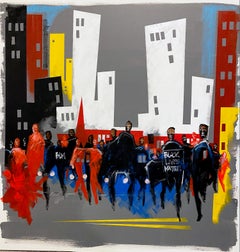 "Elegy I, " Contemporary figurative streetscape, acrylic and oil on canvas