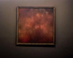 "The Messenger" Abstract acrylic, pigment, found wood on silk, on black wall