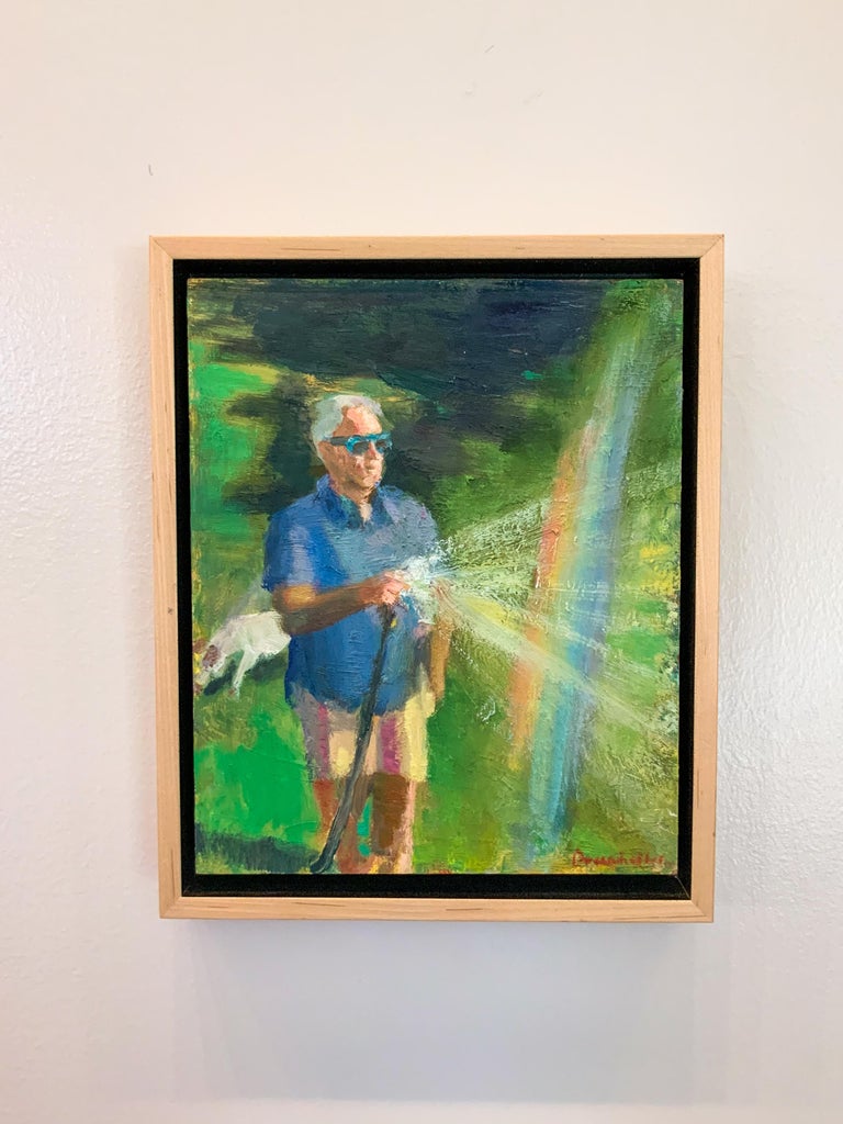 Backyard Rainbow- Portrait in Nature Painting, Oil on Linen in Frame  - Gray Portrait Painting by Grant Drumheller