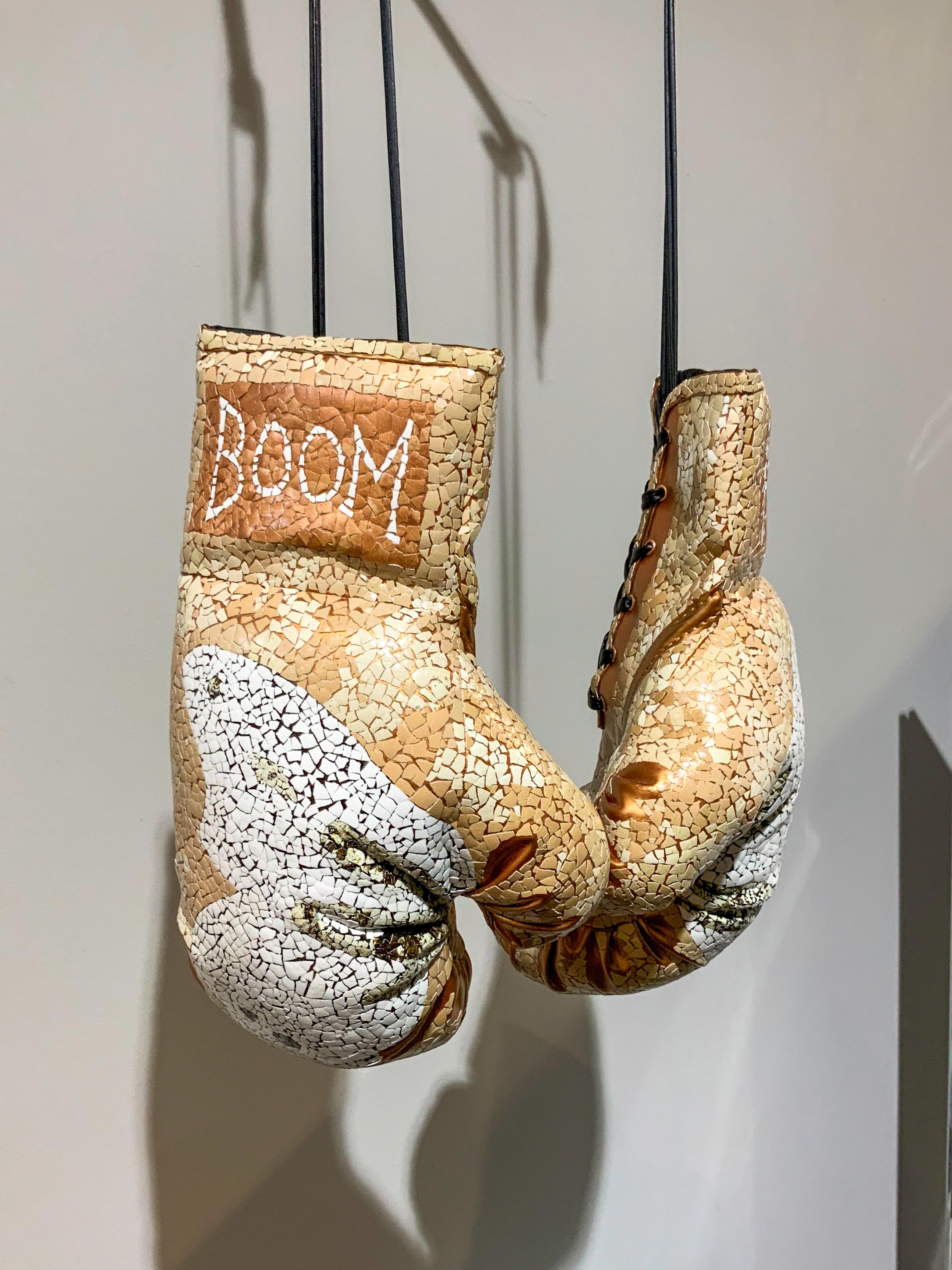 Boom Boom Butterfly- Hand Embellished Boxing Gloves, Mixed Media Sculpture - Contemporary Mixed Media Art by MyLoan Dinh