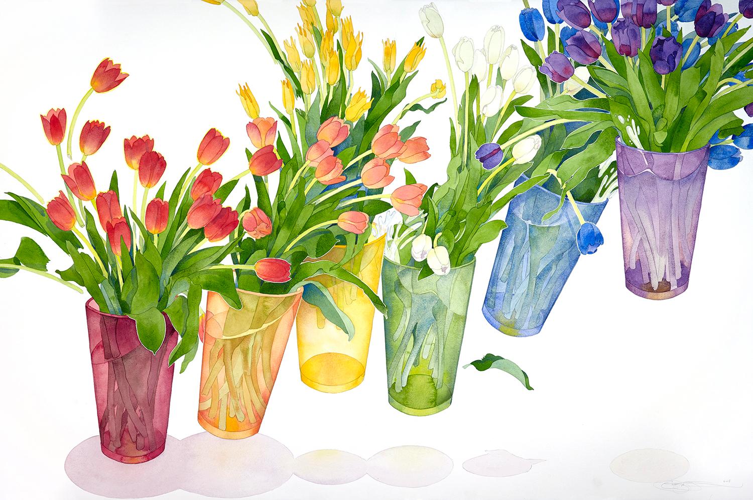 This lovely watercolor by the San Francisco artist Gary Bukovnik features an array to tulips in vases.  The colors are bright and vibrant with red, yellow, purple and blue flowers. This work is framed under plexiglass and a hand-made white lacquered