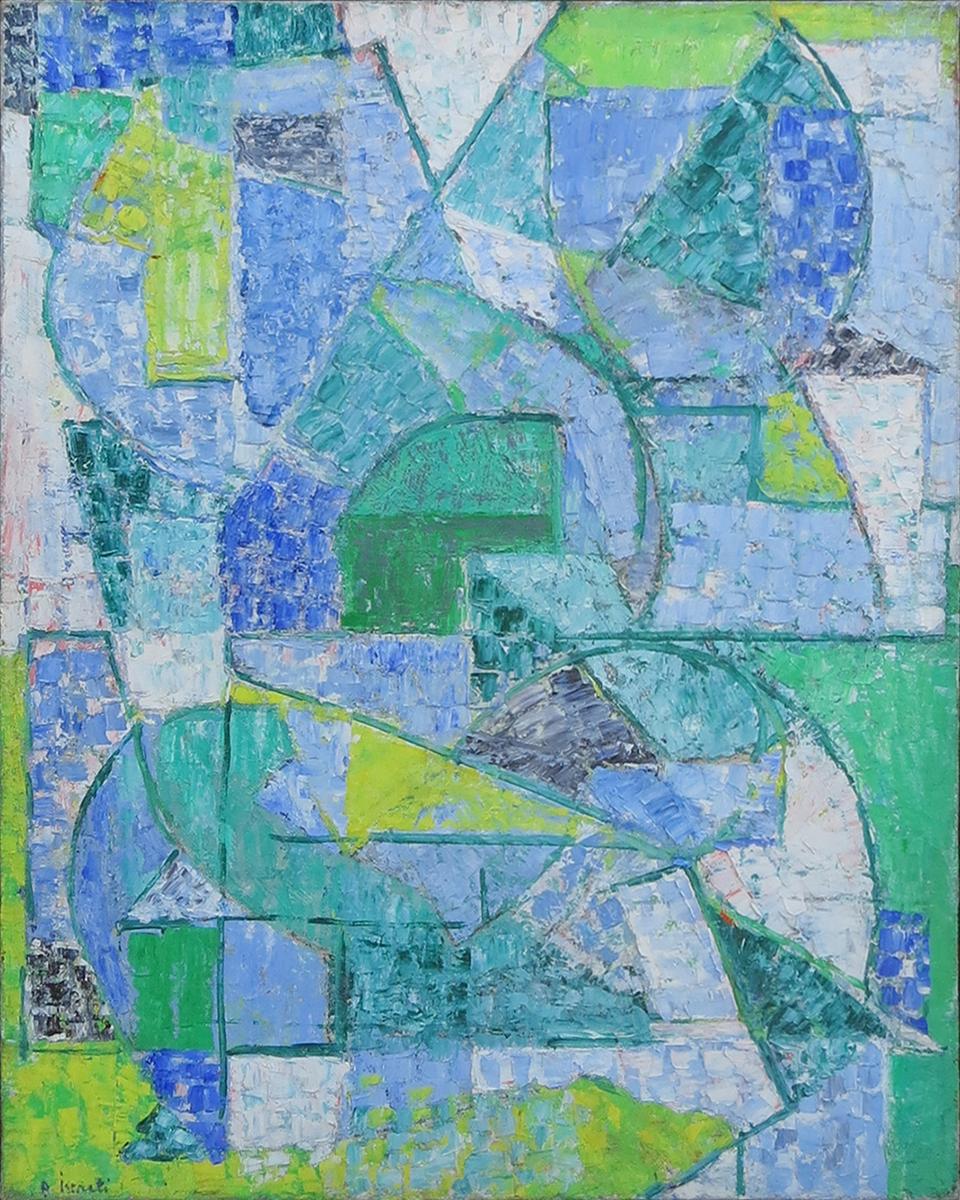This abstract oil on canvas painting is a quintessential example of Romanian artist Alexandre Istrati.  A student of Constantini Brancusi, this work shows Istrati's post-war abstract style in hues of green and blue. It is framed in a lovely silver