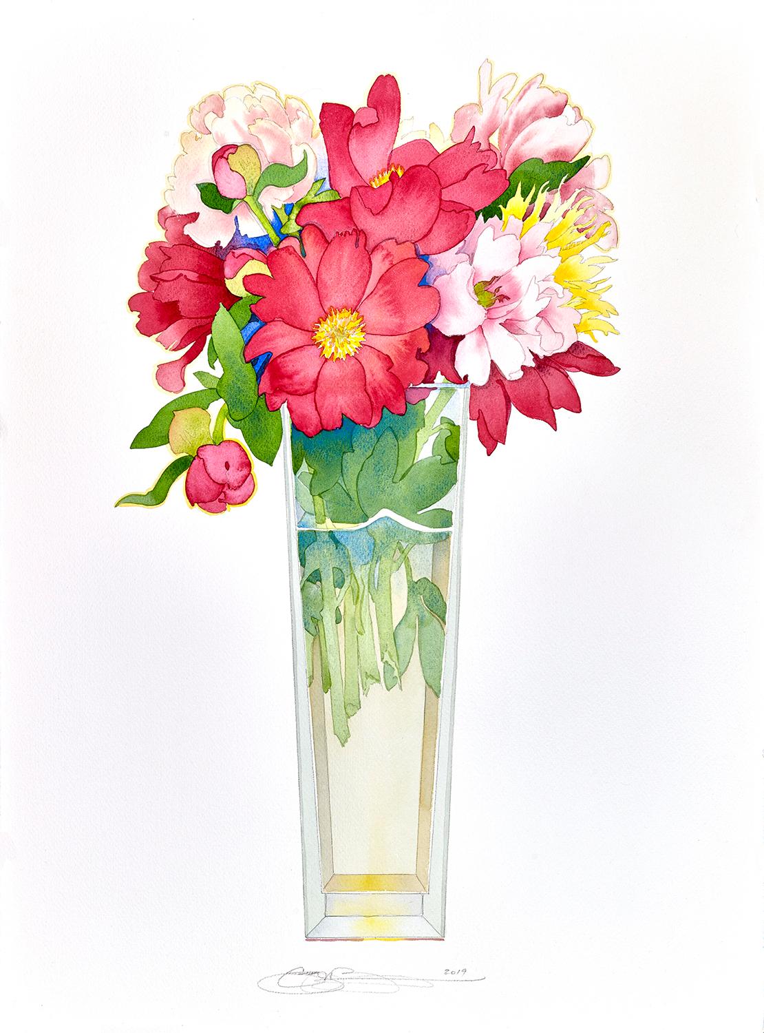 This watercolor by Gary Bukovnik features an arrangement of peonies flowers in a clear vase.  The flowers are red and pink with splashes of yellow and green to complete the composition.  This work is framed in a hand made lacquered wood frame with