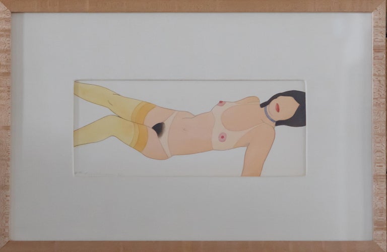 An original acrylic (liquitex) and graphite nude figure work on paper by Tom Wesselmann. The piece is a classic example of Wesselmann's linear figurative work, featuring bright Pop-esque shades of pink, yellow, red, and blue. Wesselmann loved to