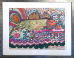 Vintage "Fish, Faces & Animals" by Nellie Mae Rowe, Crayon and marker drawing, 1978
