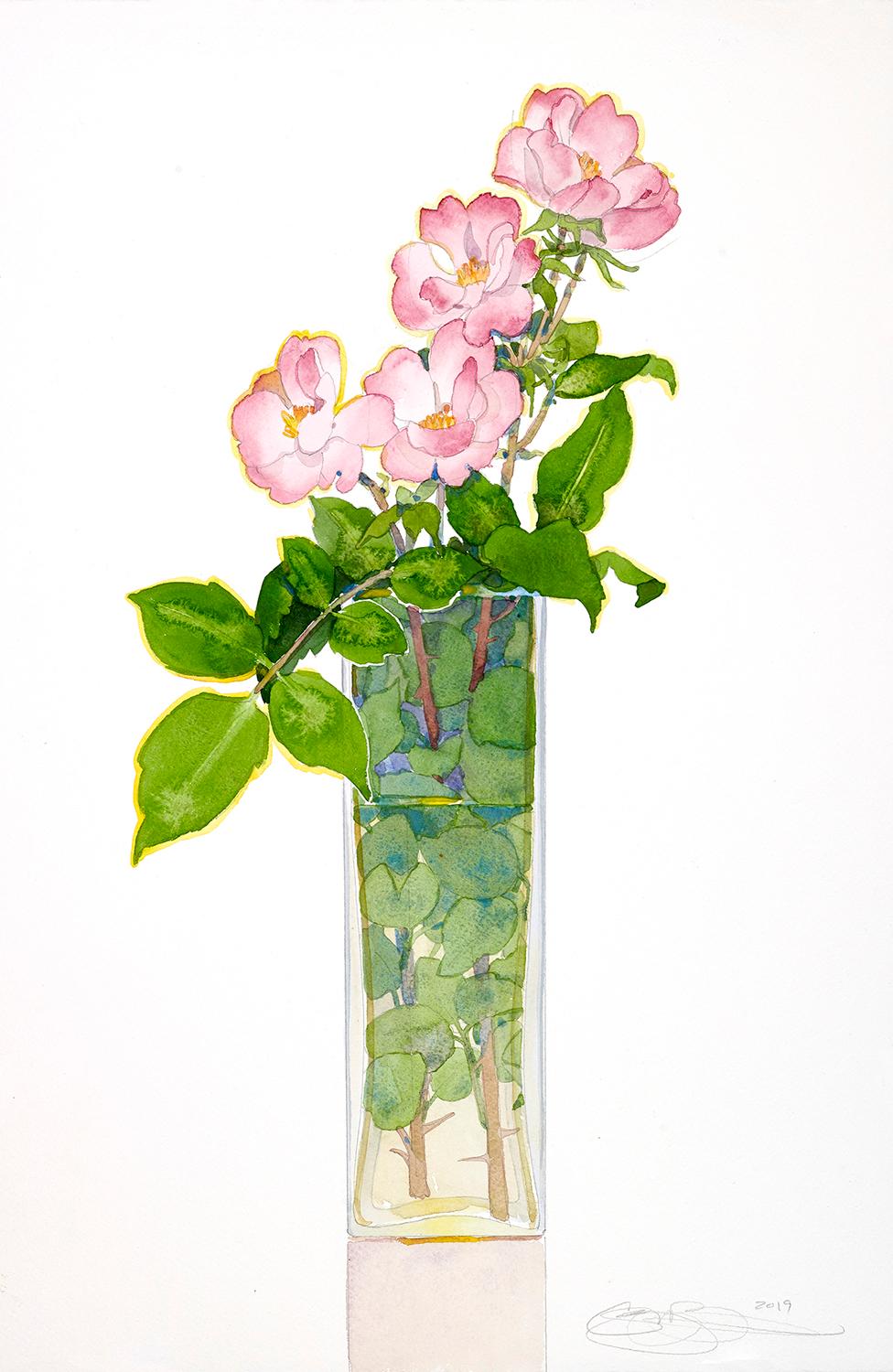 This watercolor by Gary Bukovnik features an arrangement of pink roses in a clear vase.  The leaves are in a rich green with touches of blue in the vase. The work is framed under acrylic in a hand-made white lacquered frame. 

Gary Bukovnik