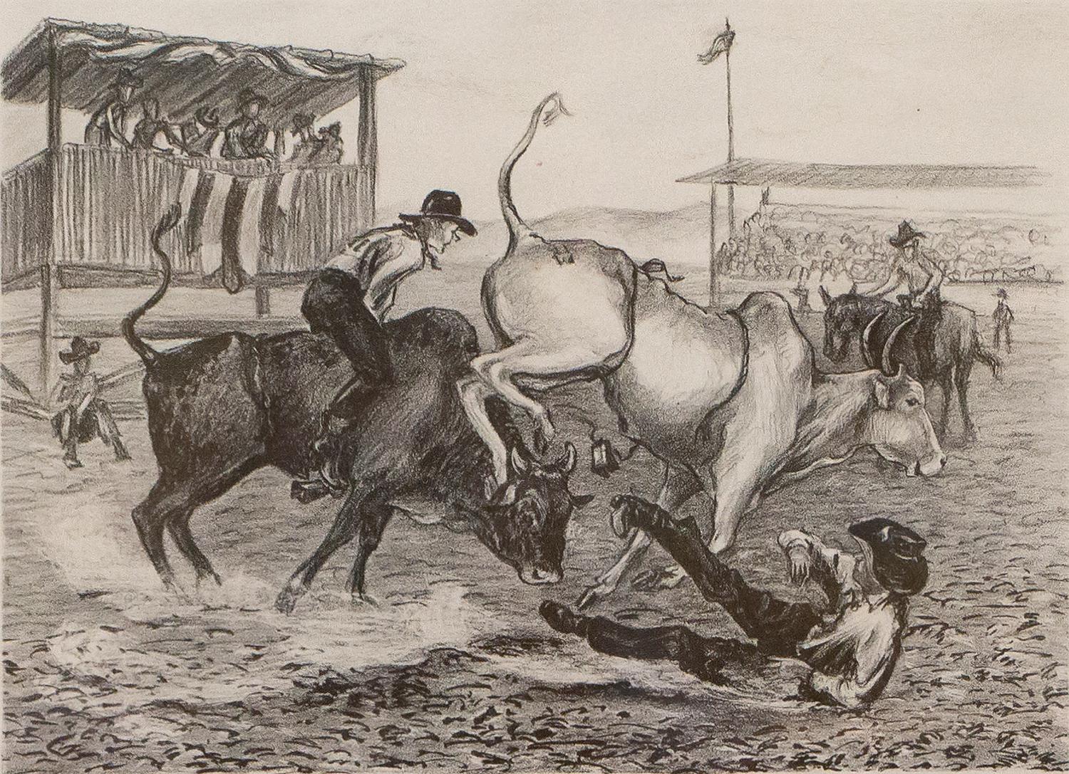 A horizontal lithograph print by Janet Turner. This work features bull riders in a rodeo in black and white, and is representative of the animal and nature prints that this American Modern artist is most known for. It is from an edition set of 10