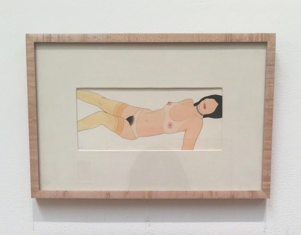 An original acrylic (liquitex) and graphite nude figure work on paper by Tom Wesselmann. The piece is a classic example of Wesselmann's linear figurative work, featuring bright Pop-esque shades of pink, yellow, red, and blue. Wesselmann loved to