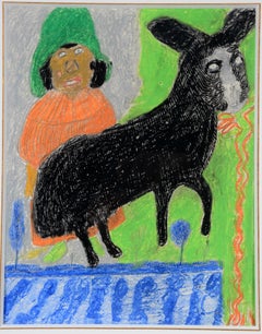 "Girl With Her Black Cat" by Nellie Mae Rowe, Crayon and graphite drawing, 1979