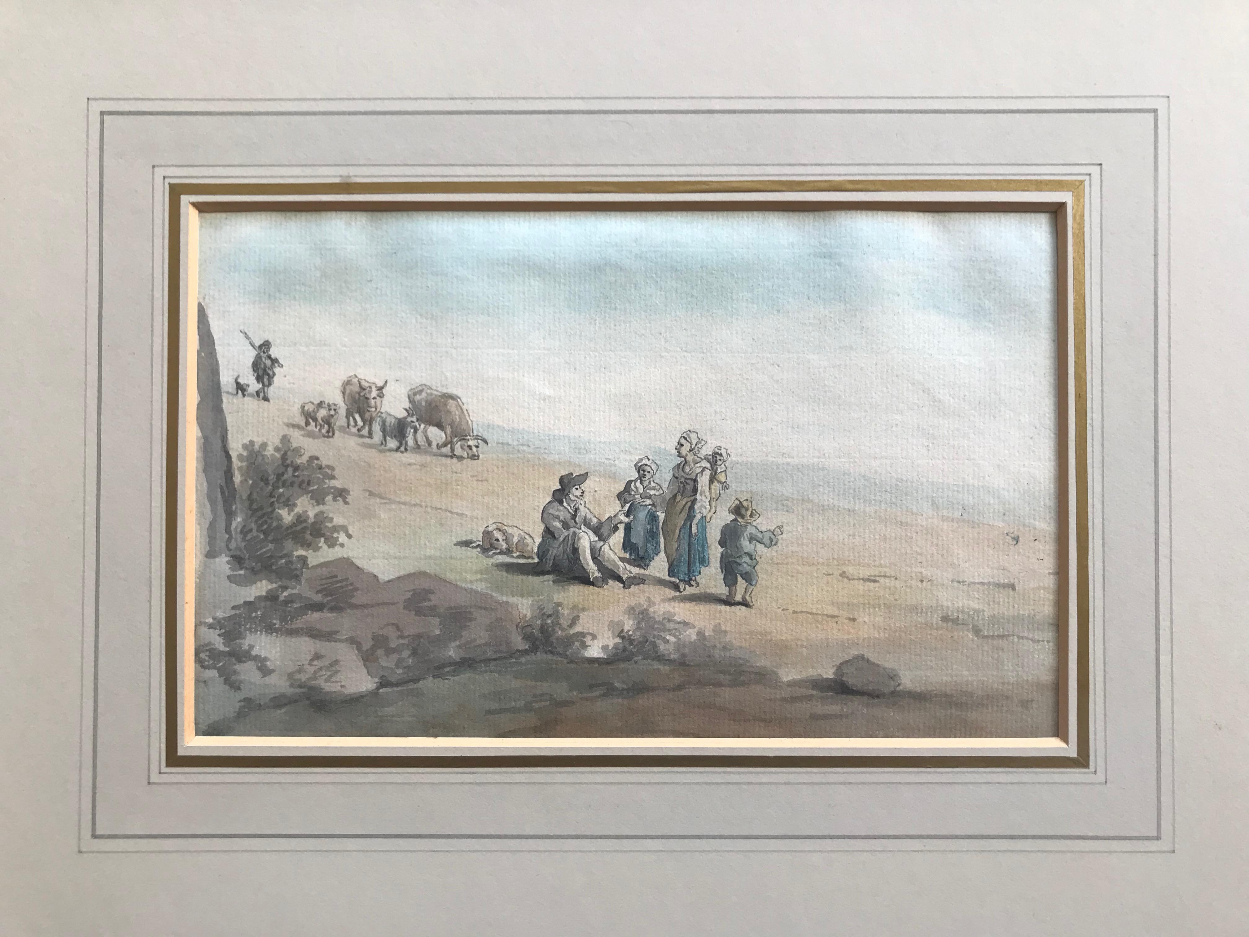 Attributed to Peter Le Cave, 18th Century watercolor on laid paper, rustic scene 1