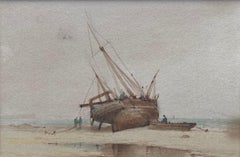 Follower of Richard Parkes Bonington, A beached vessel on the coast