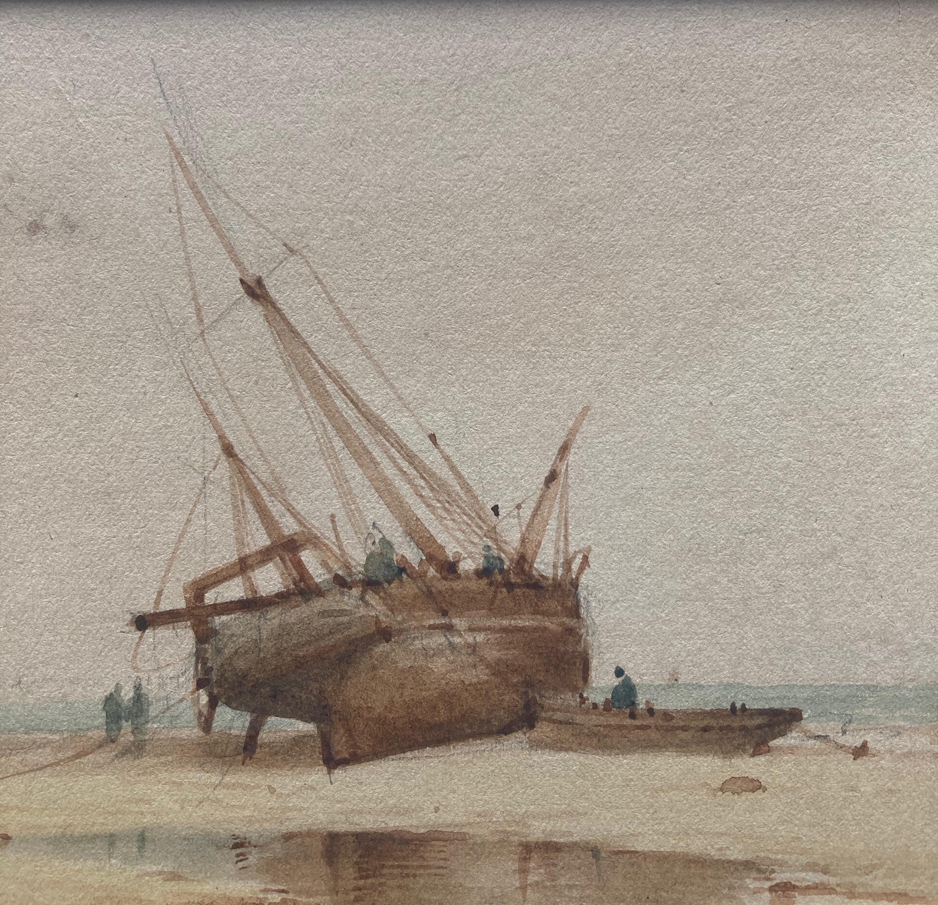 Follower of Richard Parkes Bonington, A beached vessel on the coast 2