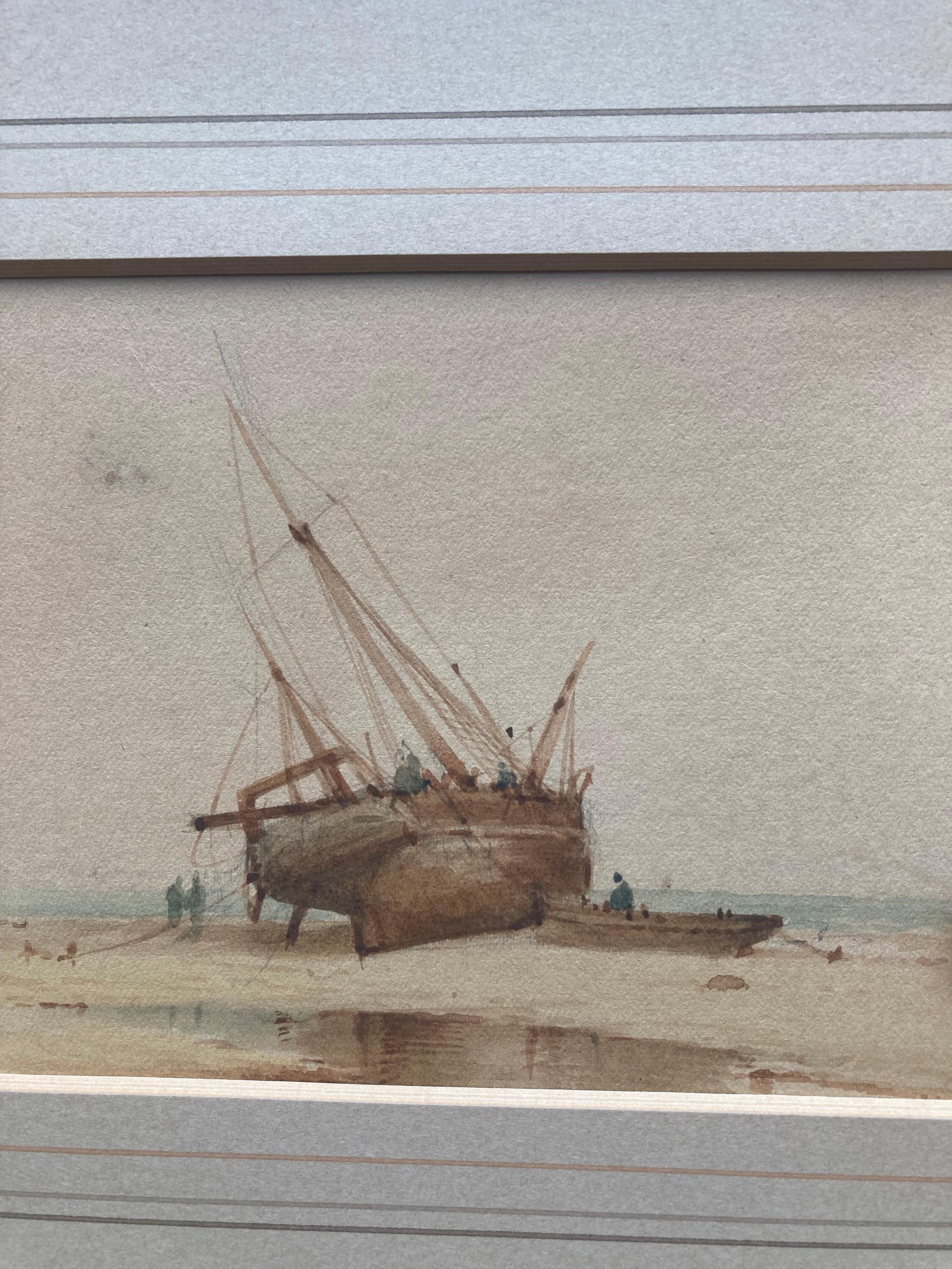 Follower of Richard Parkes Bonington, A beached vessel on the coast 4