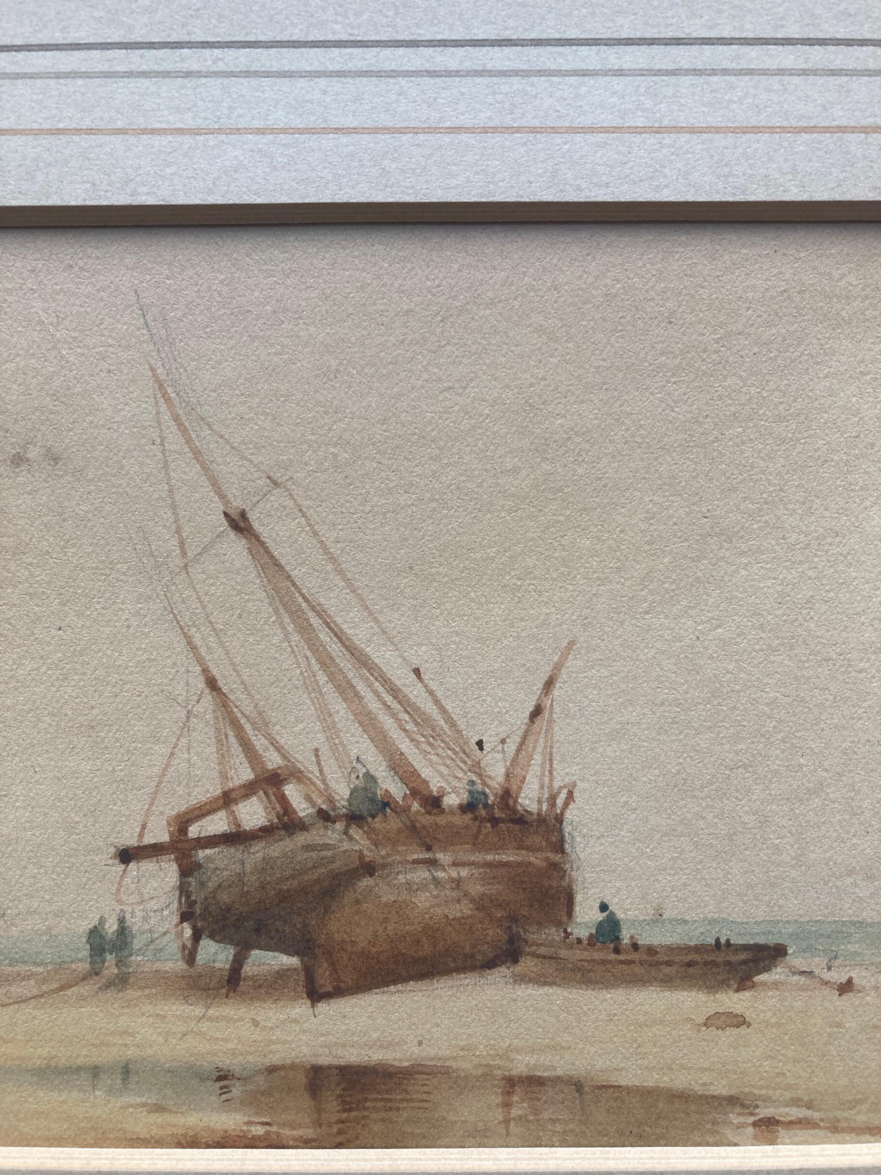 Follower of Richard Parkes Bonington, A beached vessel on the coast 3