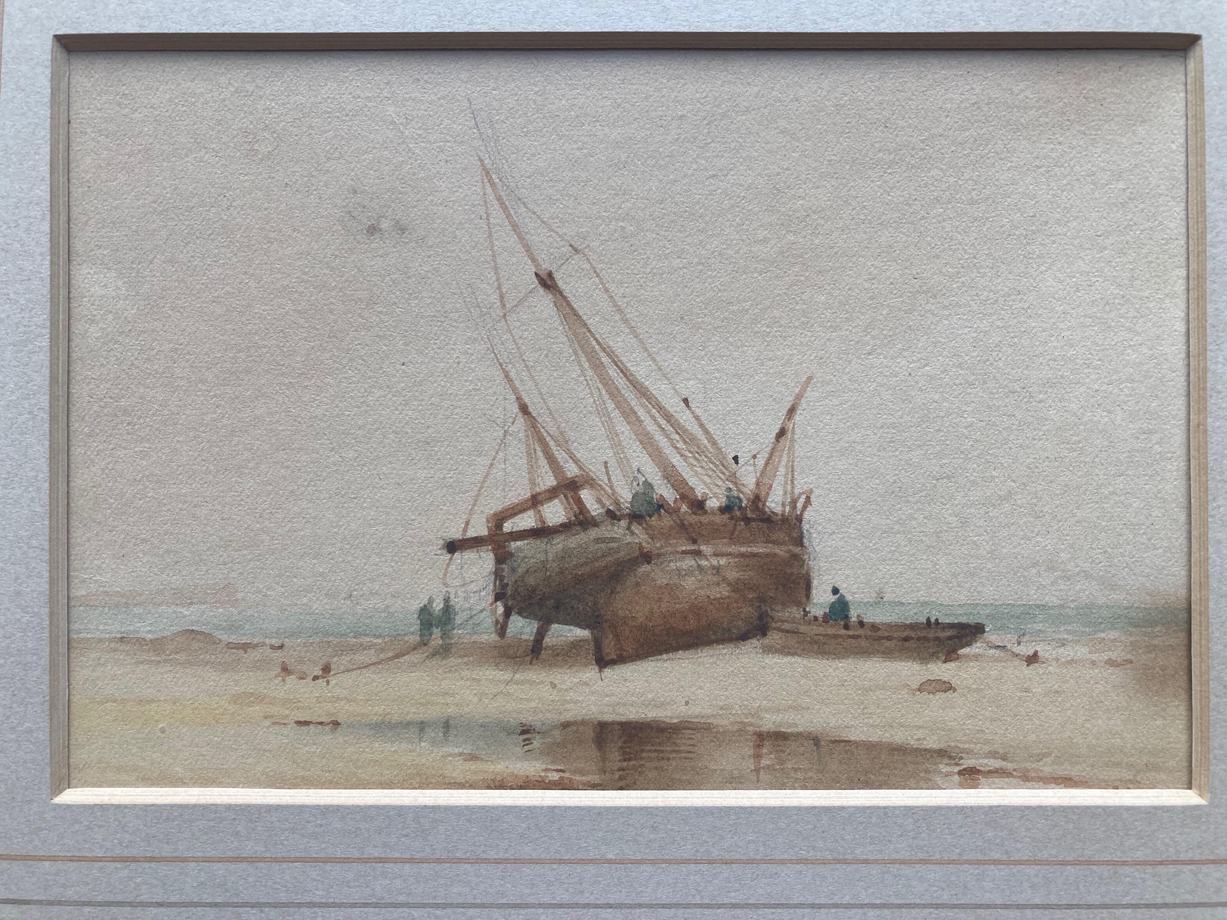 A delicately painted view of figures by a beached fishing vessel on the coast

Follower of Richard Parkes Bonington, 19th Century
Figures on the shore by a beached vessel
Watercolour
4 x 5¾ inches excluding the frame
10 x 12 inches including the