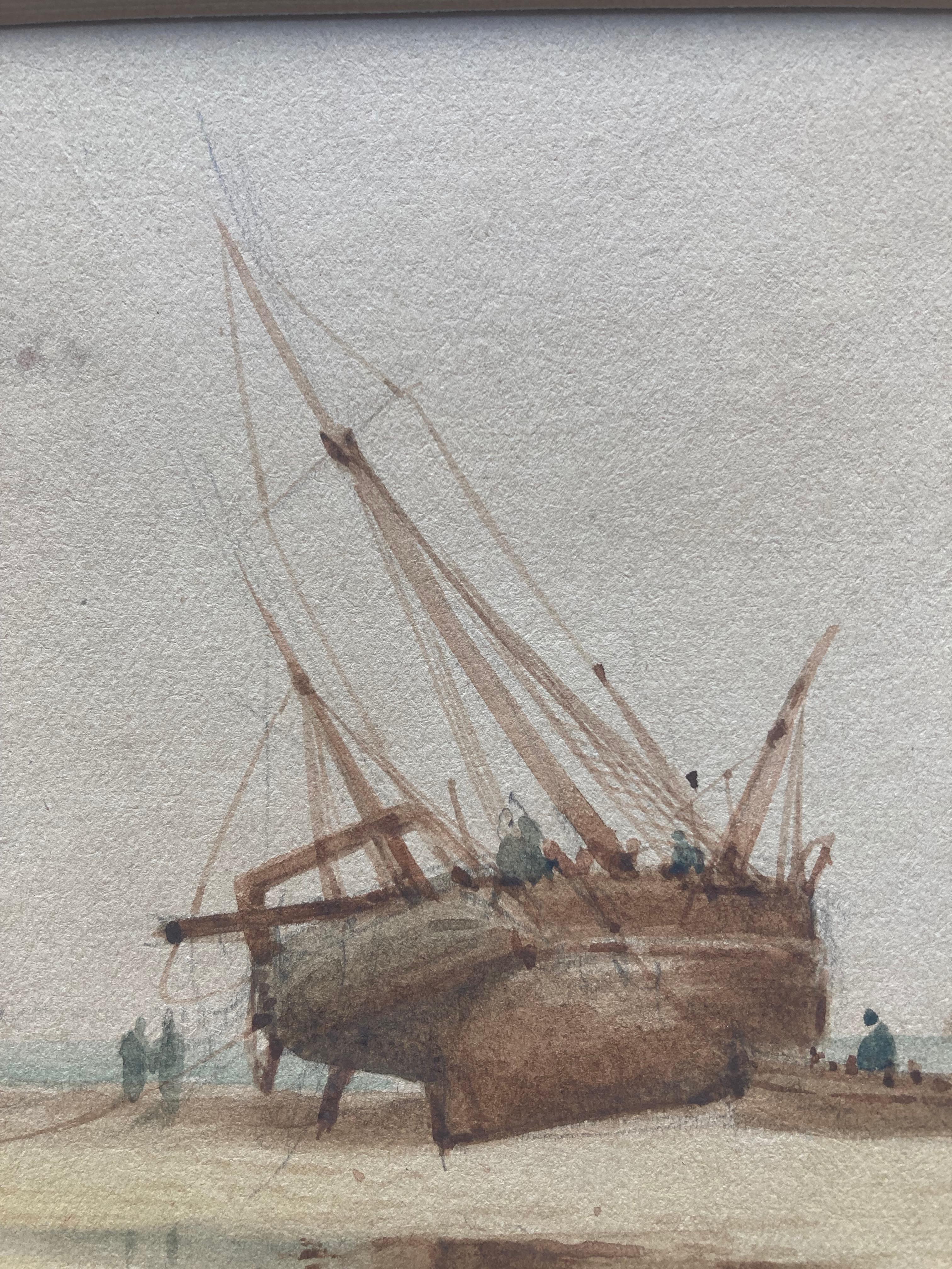 Follower of Richard Parkes Bonington, A beached vessel on the coast 5