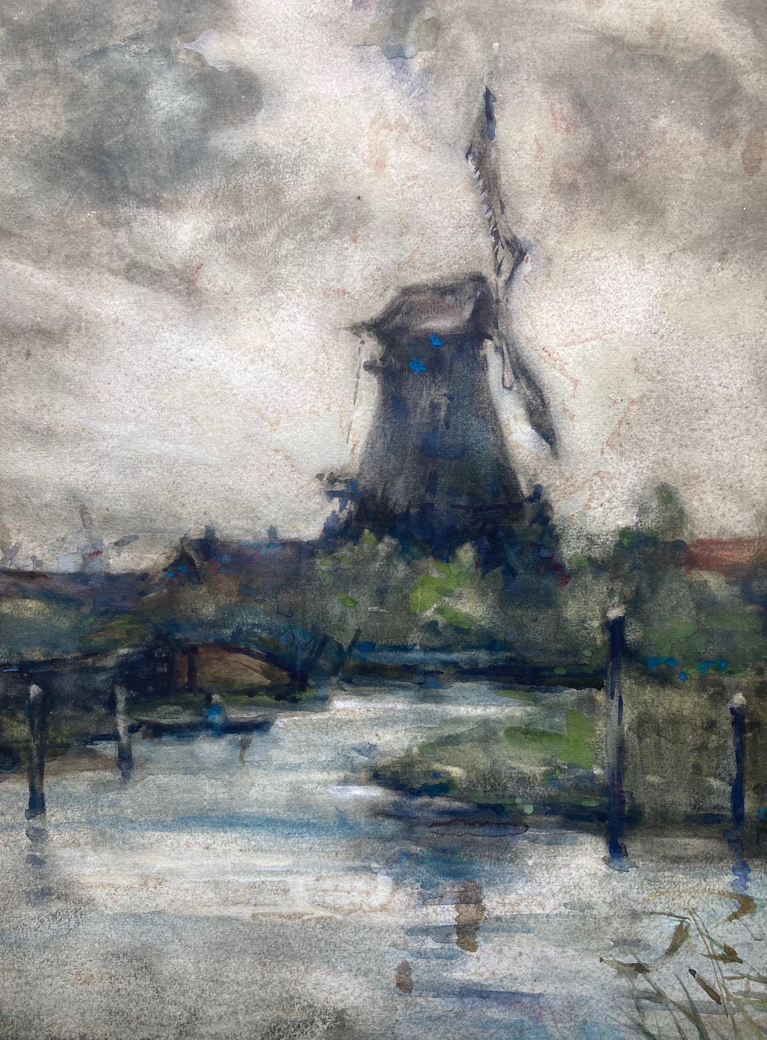 A beautifully painted impressionistic scene of a Windmill in a lowland landscape. Lovely brushwork and colours.

Circle of Anton Mauve (1838-1888)
A windmill before a marshland river
Watercolour with touches of gouache
16 x 12½ inches excluding the