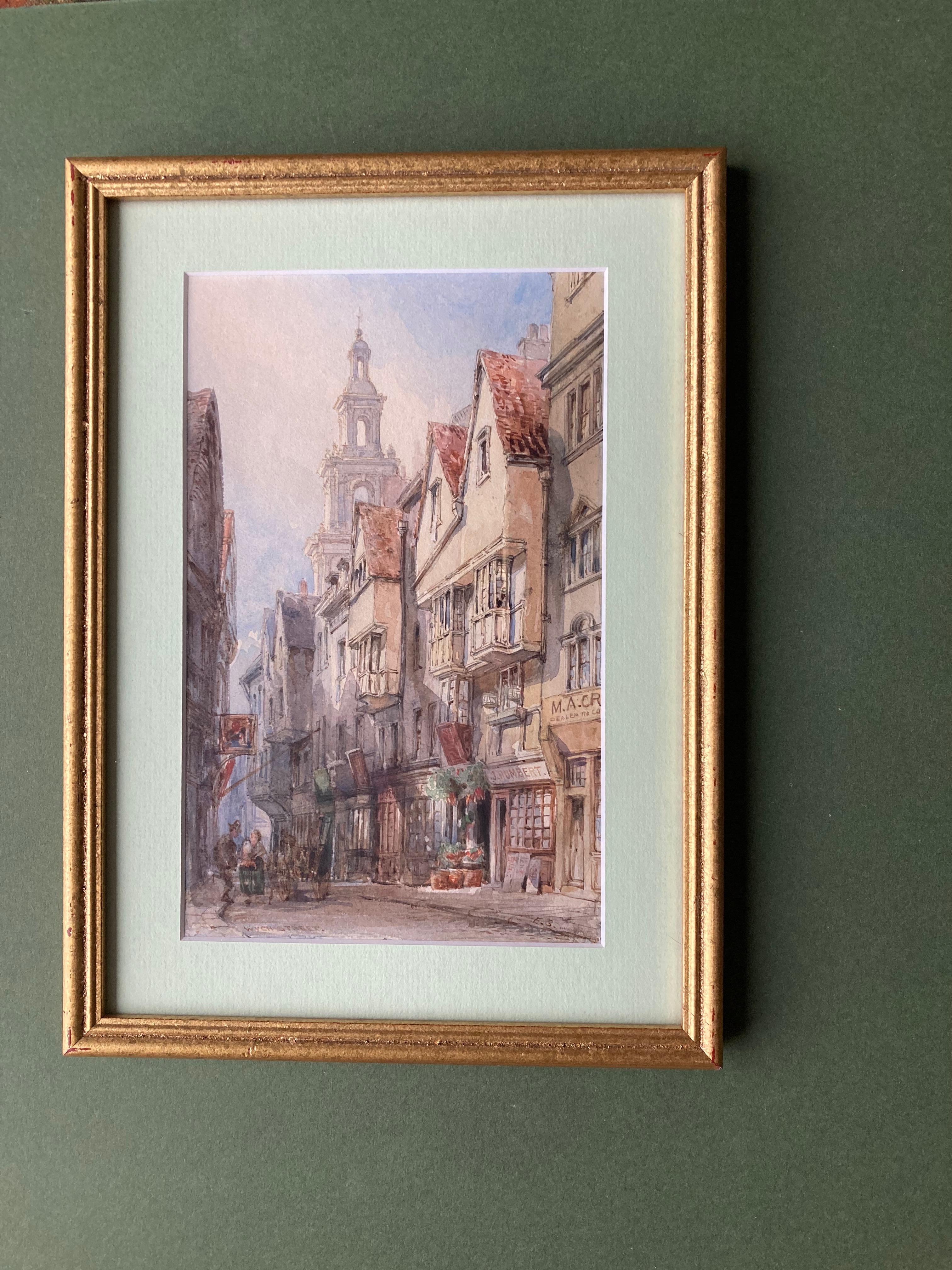 A very atmospheric Victorian London street scene, finely painted with wonderful detailing to the church spire.

Ernest George (1839-1922)
Wych Street
Signed with initials and inscribed with title
Old label verso, including an old