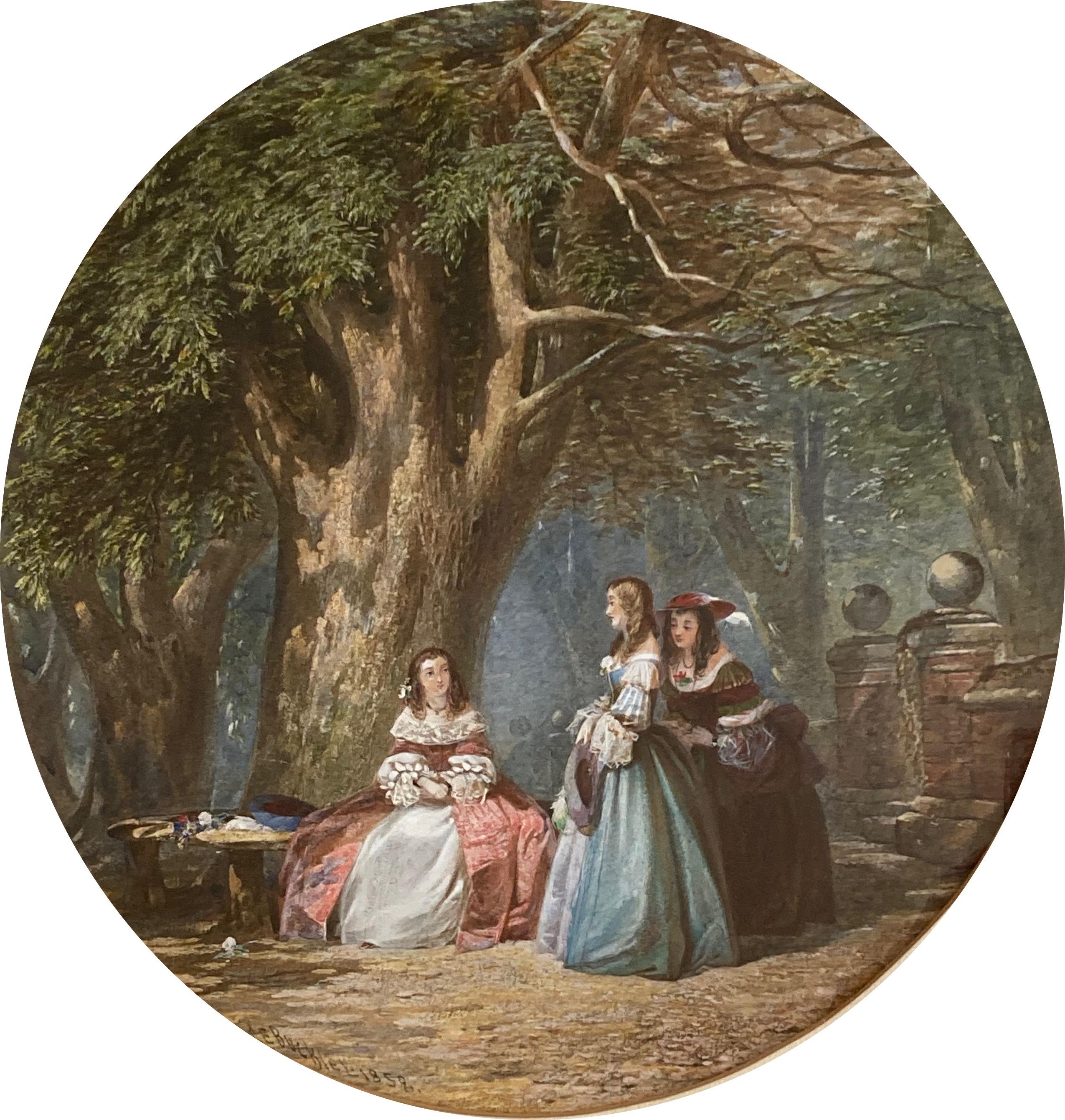 Une scène enchanteresse de jeunes filles conversant à l'ombre d'un chêne, avec de beaux détails et des couleurs vives.

John Edmund Buckley ( 1824-1876)
Demoiselles sous un chêne
Signé et daté 1858
Aquarelle 
11½ pouces, circulaire, sans le