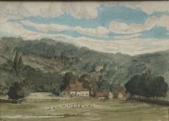 Circle of Thomas Girtin, Sheep in a hilly pasture, early English watercolour