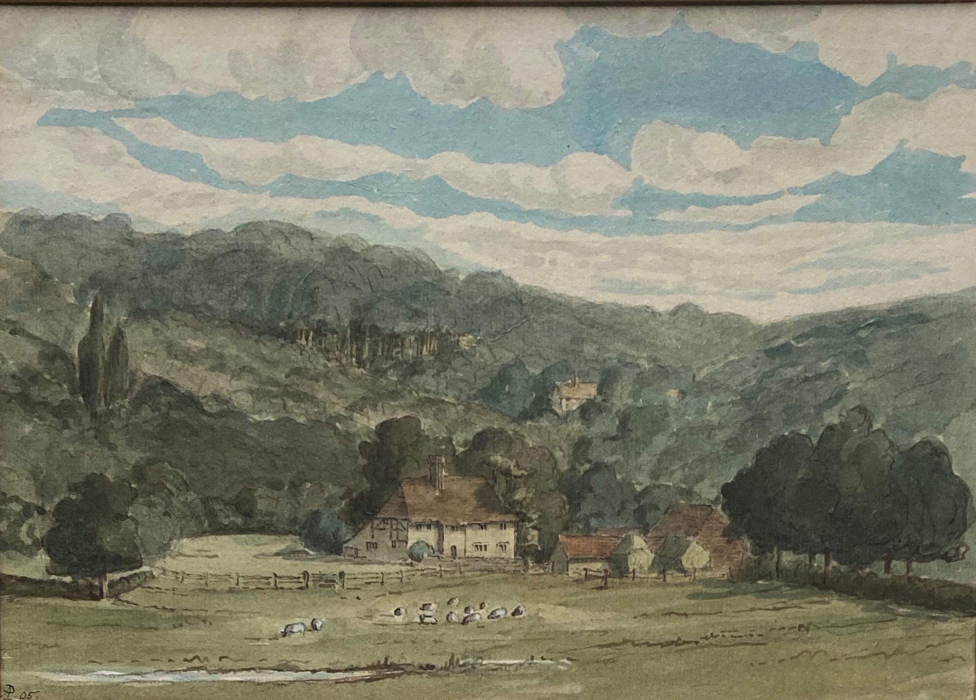 Cercle de Thomas Girtin, moutons dans un pâturage de collines, aquarelle anglaise ancienne 1