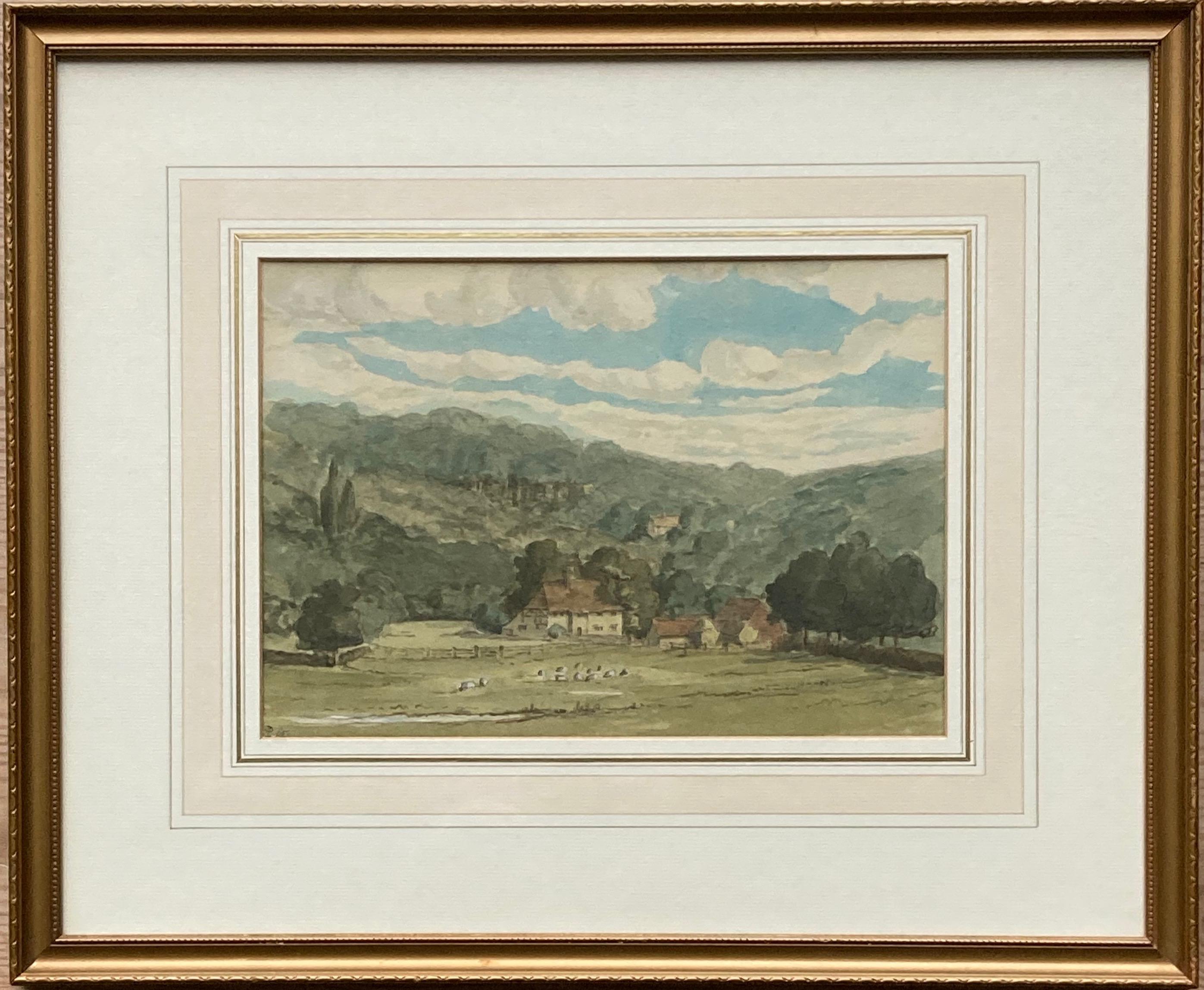 A charming rural scene painted in the style of Thomas Girtin with good strong colours.

Circle of Thomas Girtin
Sheep in a hilly pasture with a farmhouse
Signed with initials and dated 