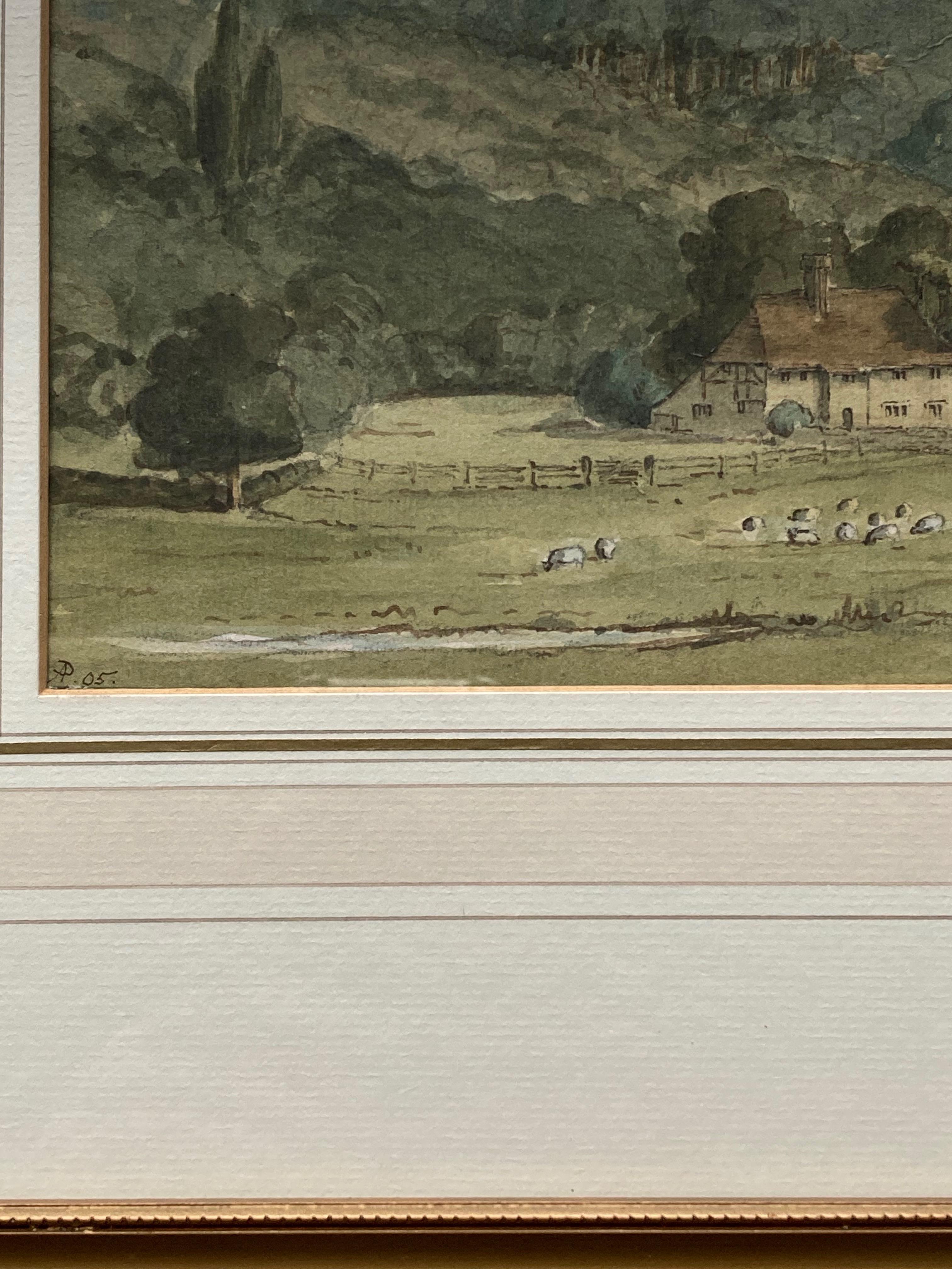 Cercle de Thomas Girtin, moutons dans un pâturage de collines, aquarelle anglaise ancienne 4