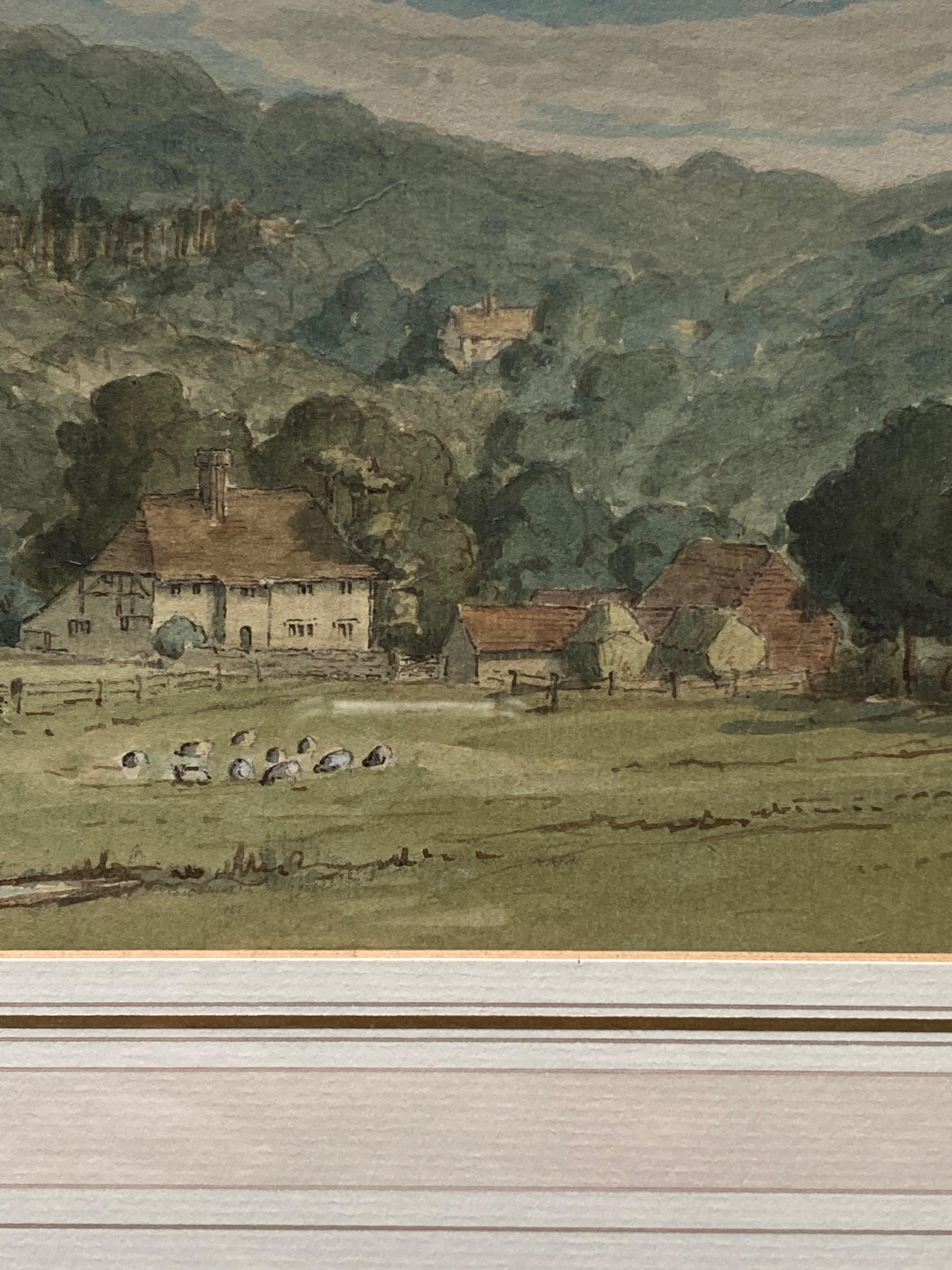 Cercle de Thomas Girtin, moutons dans un pâturage de collines, aquarelle anglaise ancienne 3