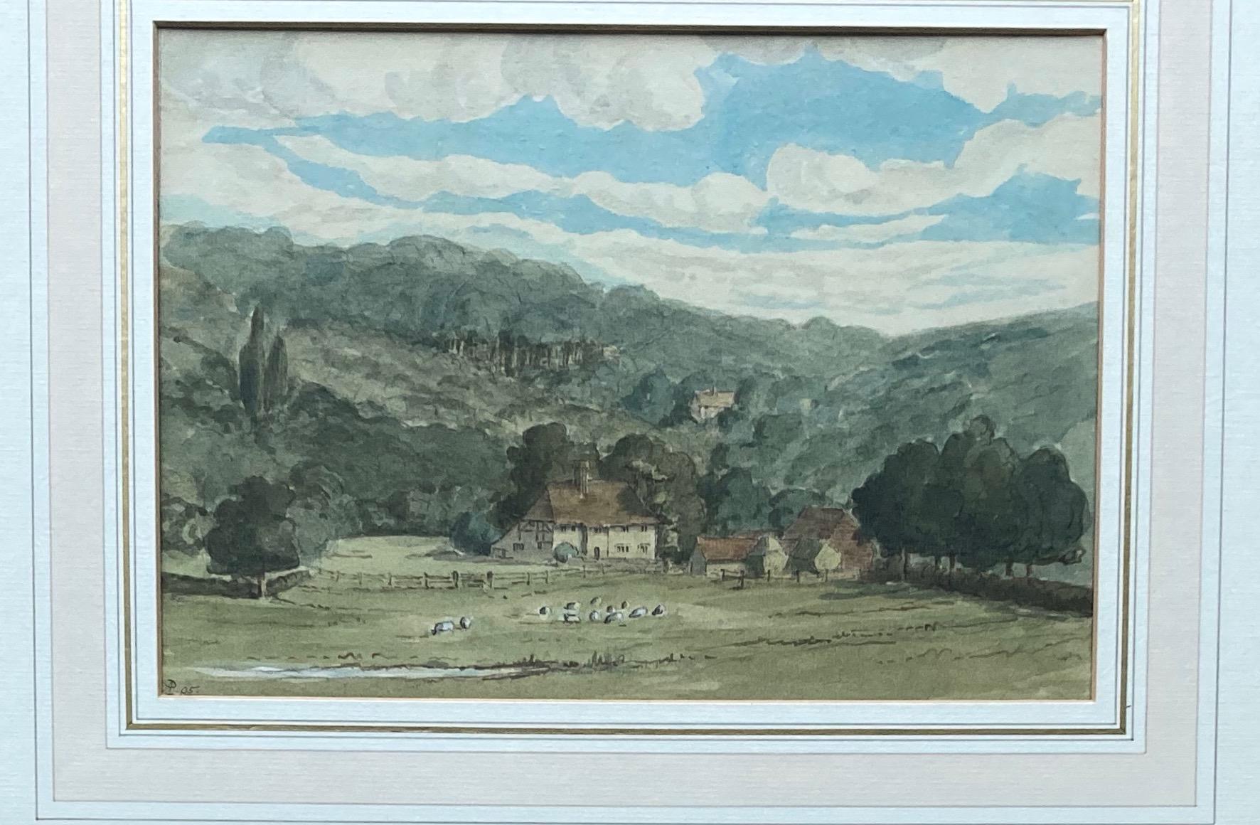 Cercle de Thomas Girtin, moutons dans un pâturage de collines, aquarelle anglaise ancienne 10