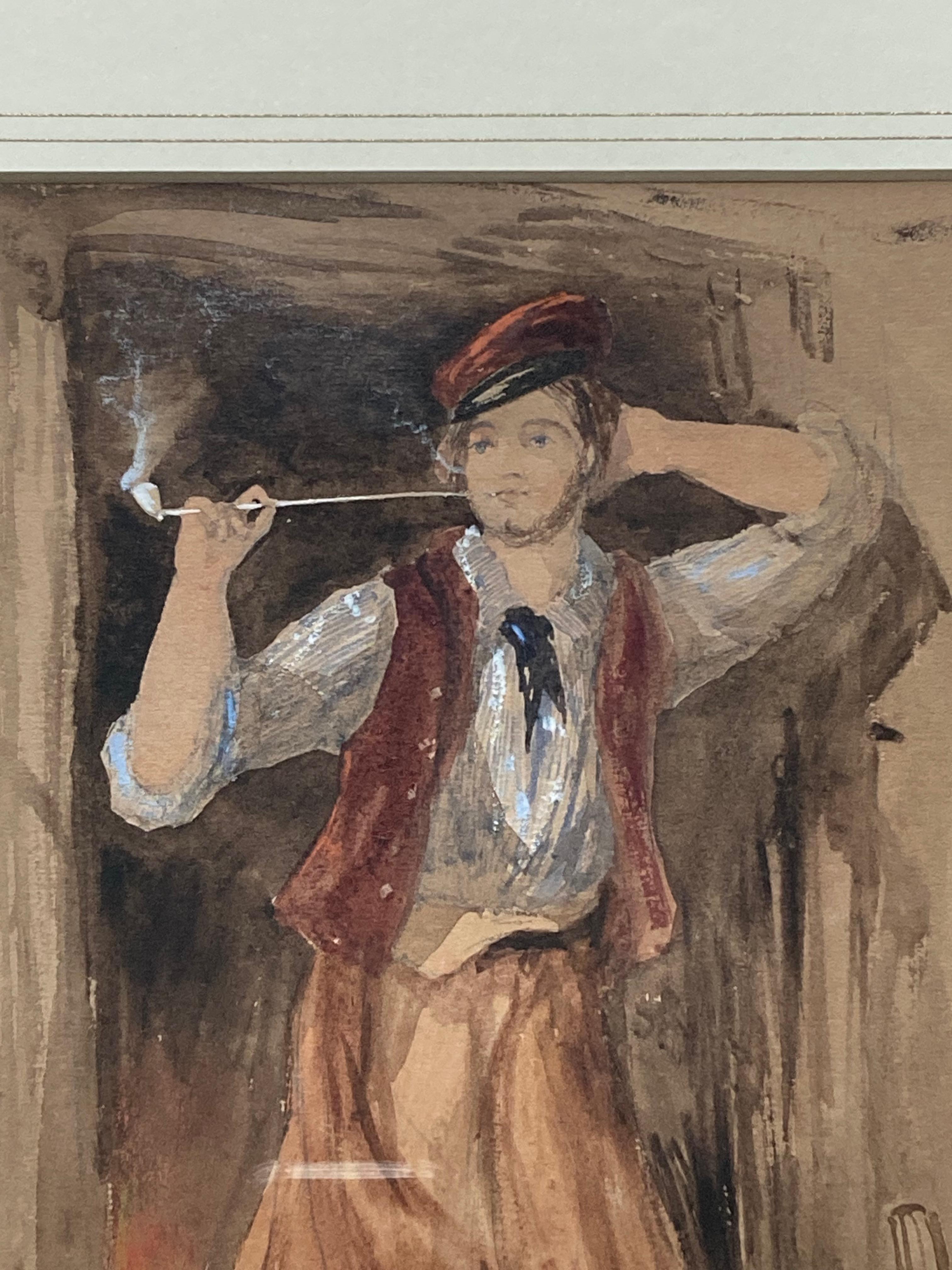 A really charming study of a blacksmith puffing on a clay pipe at the forge door.

Thomas Charles Leeson Rowbotham Junr (1823-1875)
Village Blacksmith Patterdale, Aug 1848
Signed, inscribed and dated
Watercolour
12¼ x 8½inches unframed
20 x 16