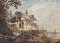 Aquarelle anglaise du début de l'ère, château par une rivière