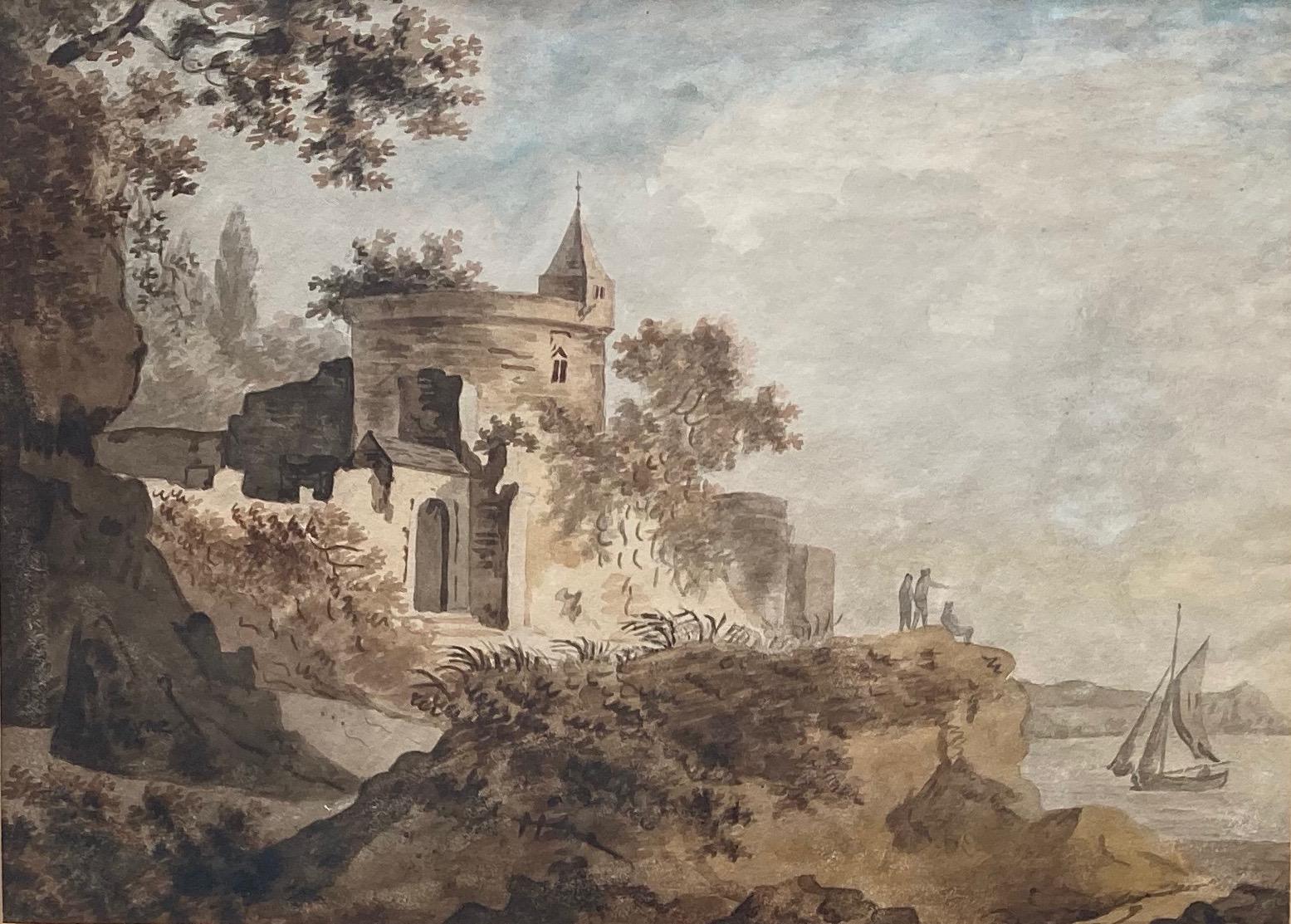 Early English watercolour, Castle by a river 2